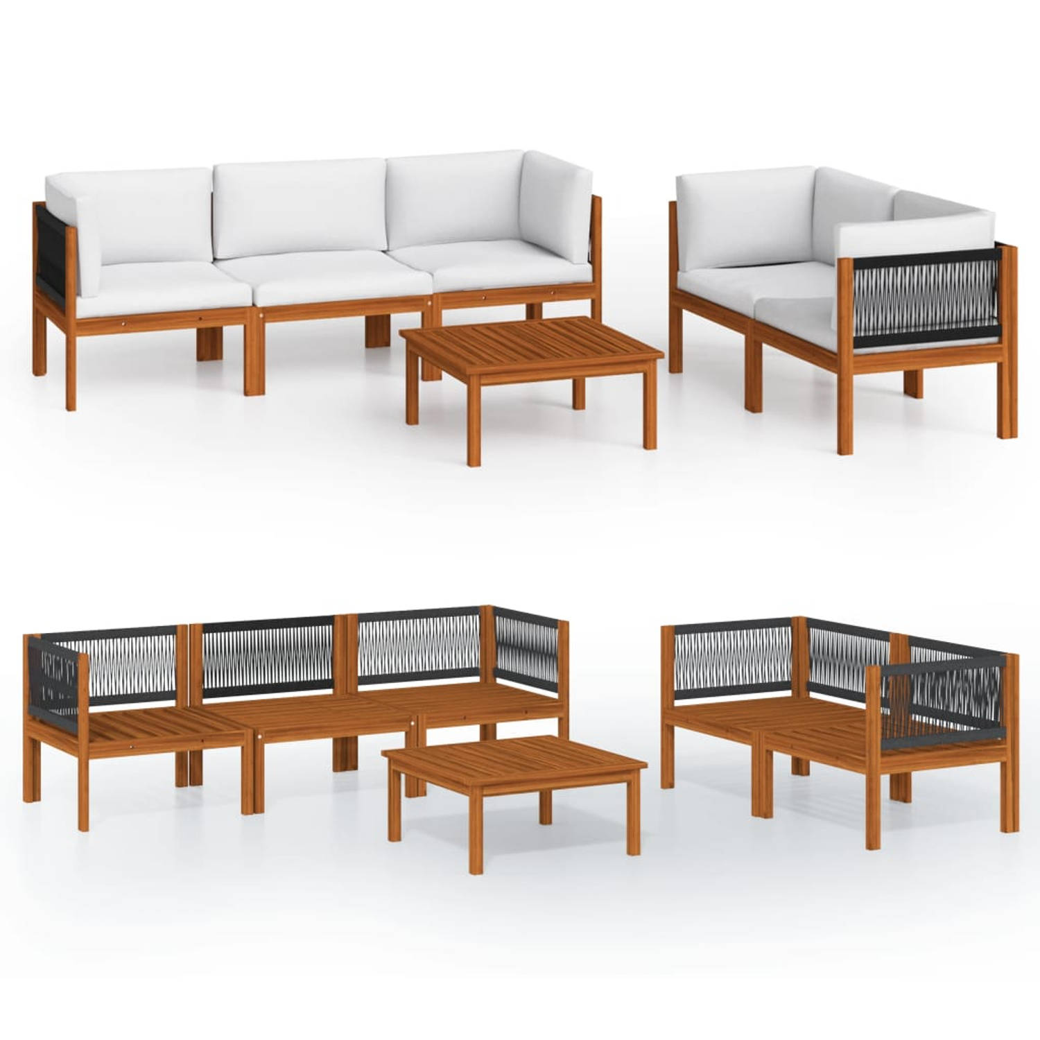 The Living Store Loungeset Acaciahout - Hoekbank - Middenbank - Tafel - 65x65x60 cm - Crèmewit kussen