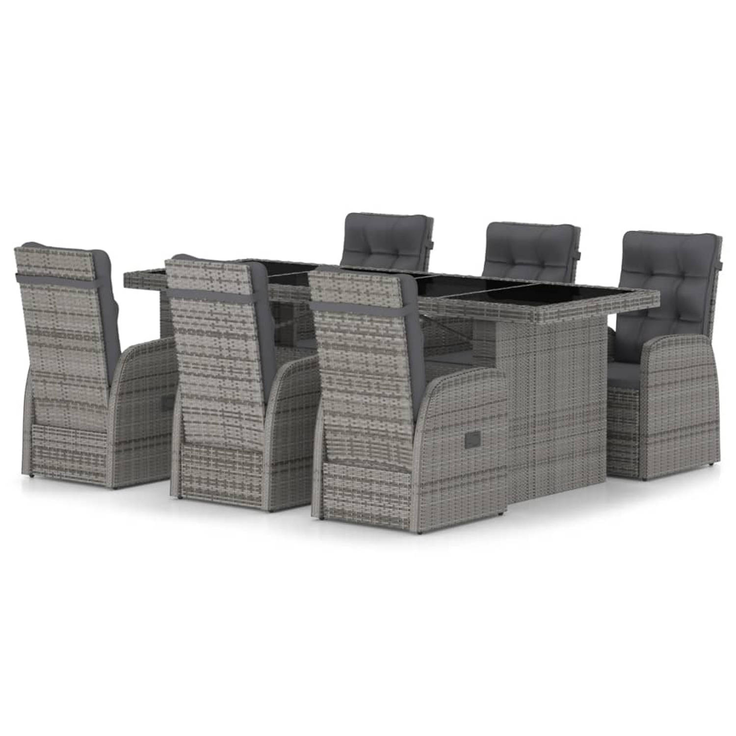 The Living Store Complete Dining Set - Poly Rattan - Grey - 240x90x74cm - Adjustable Chairs