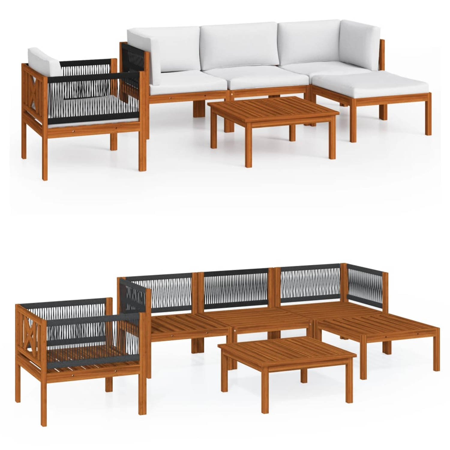 The Living Store Acacia Loungeset - Hoekbank - Middenbank - Fauteuil - Voetenbank - Tafel - 65x65x60cm - Crèmewit