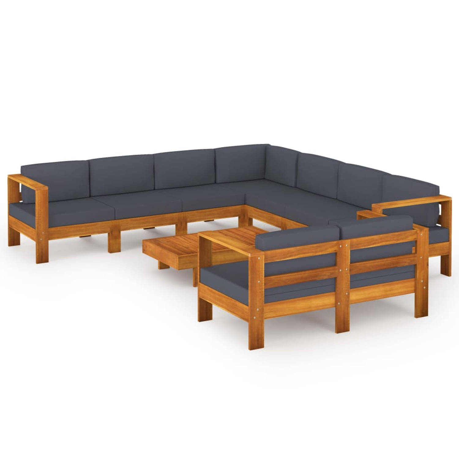 The Living Store Houten Loungeset - Tuinmeubelset - Massief Acaciahout - Donkergrijs Kussen - Afmetingen- 140x65x60cm - Dikte kussens- 10cm - Montage vereist