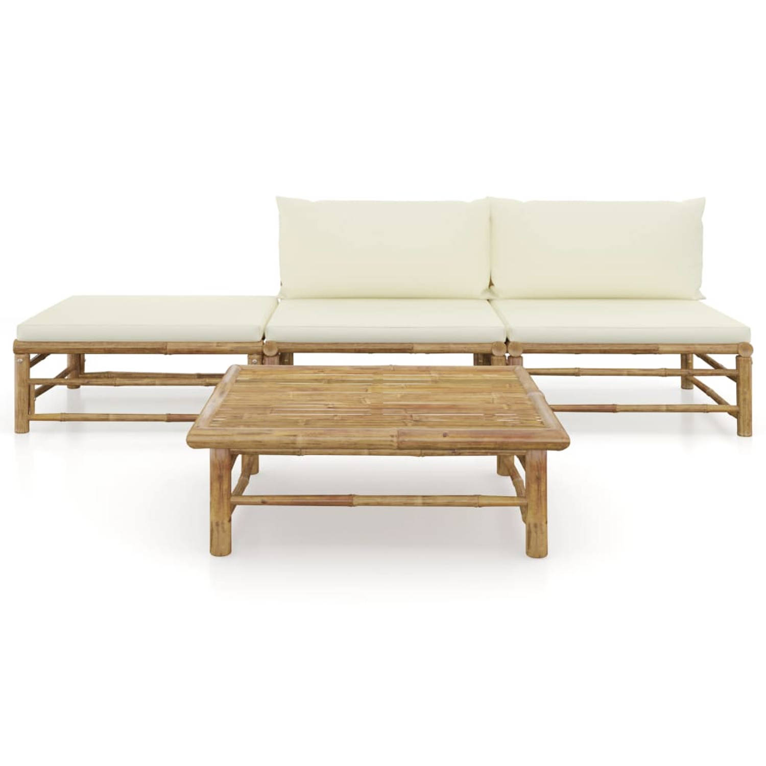 The Living Store Lounge Bamboo Garden Furniture Set - 65x70x60 cm - Cream White Cushions