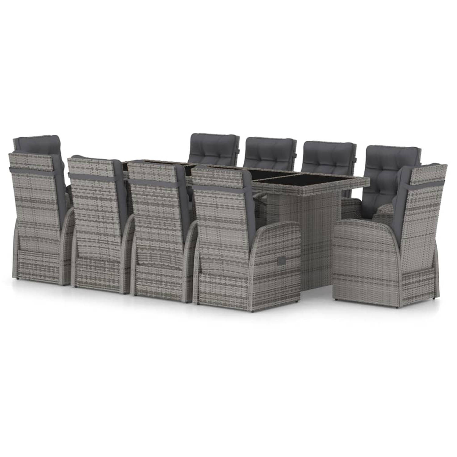 The Living Store Tuinset van Poly Rattan - Grijs - 240x90x74 cm - Verstelbare stoelen - Inclusief kussens - Levering bevat 8 stoelen zonder voetensteun - 2 stoelen met voetensteun