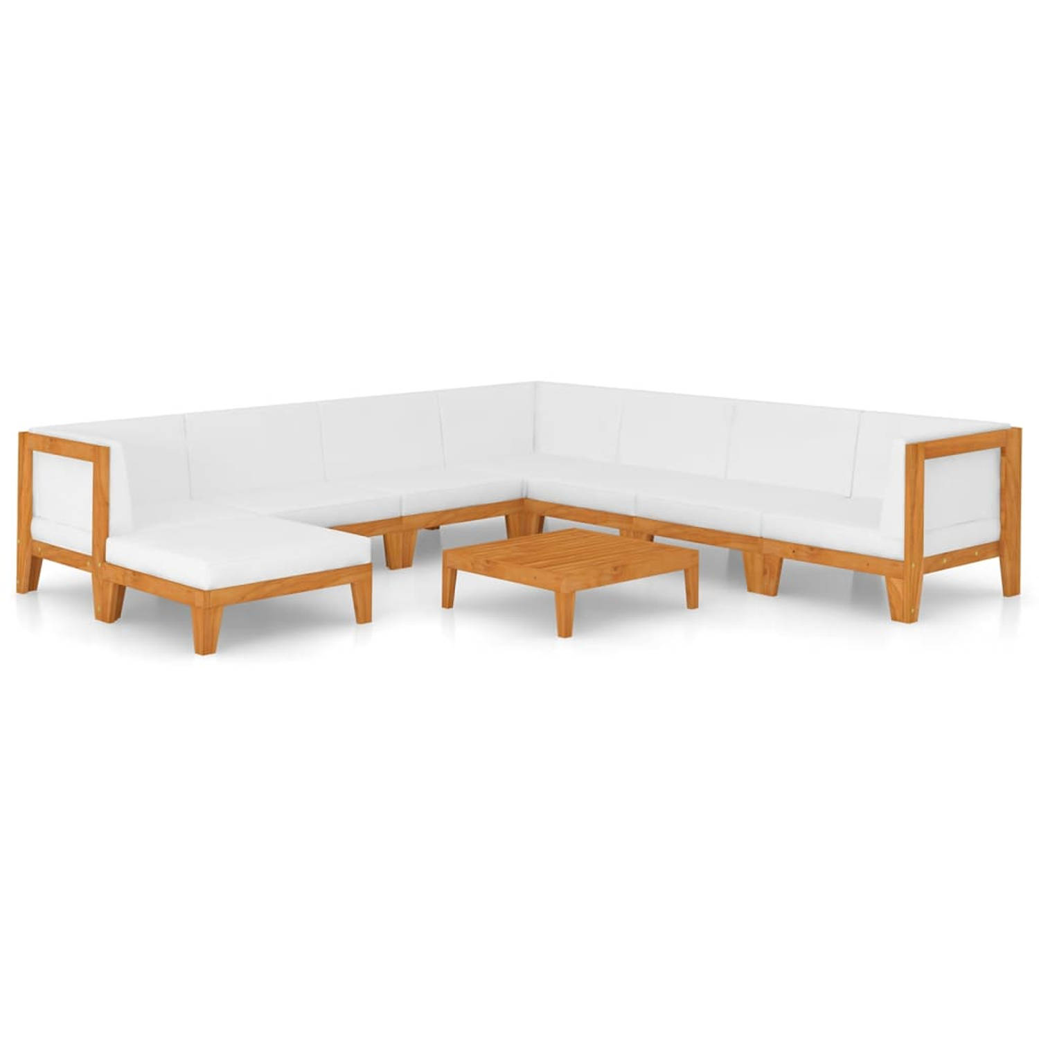 The Living Store Tuinset Acaciahout - Hoekbank + Middenbank + Voetenbank + Tafel - Crèmewit Kussen 68.5x68.5x62cm - Massief Acaciahout Olieafwerking - Polyester Stof