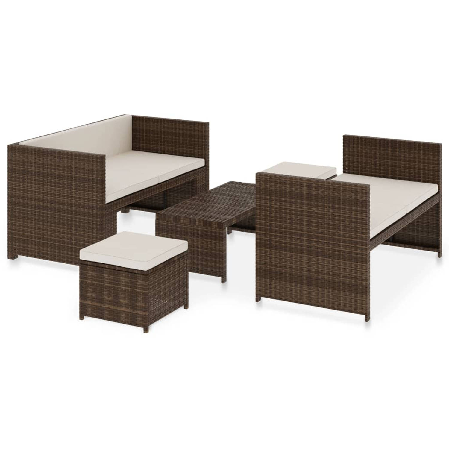 The Living Store Loungeset - Bruin poly rattan - 5-delig - 130 x 70 x 70 cm - Ultiem comfort - Weerbestendig