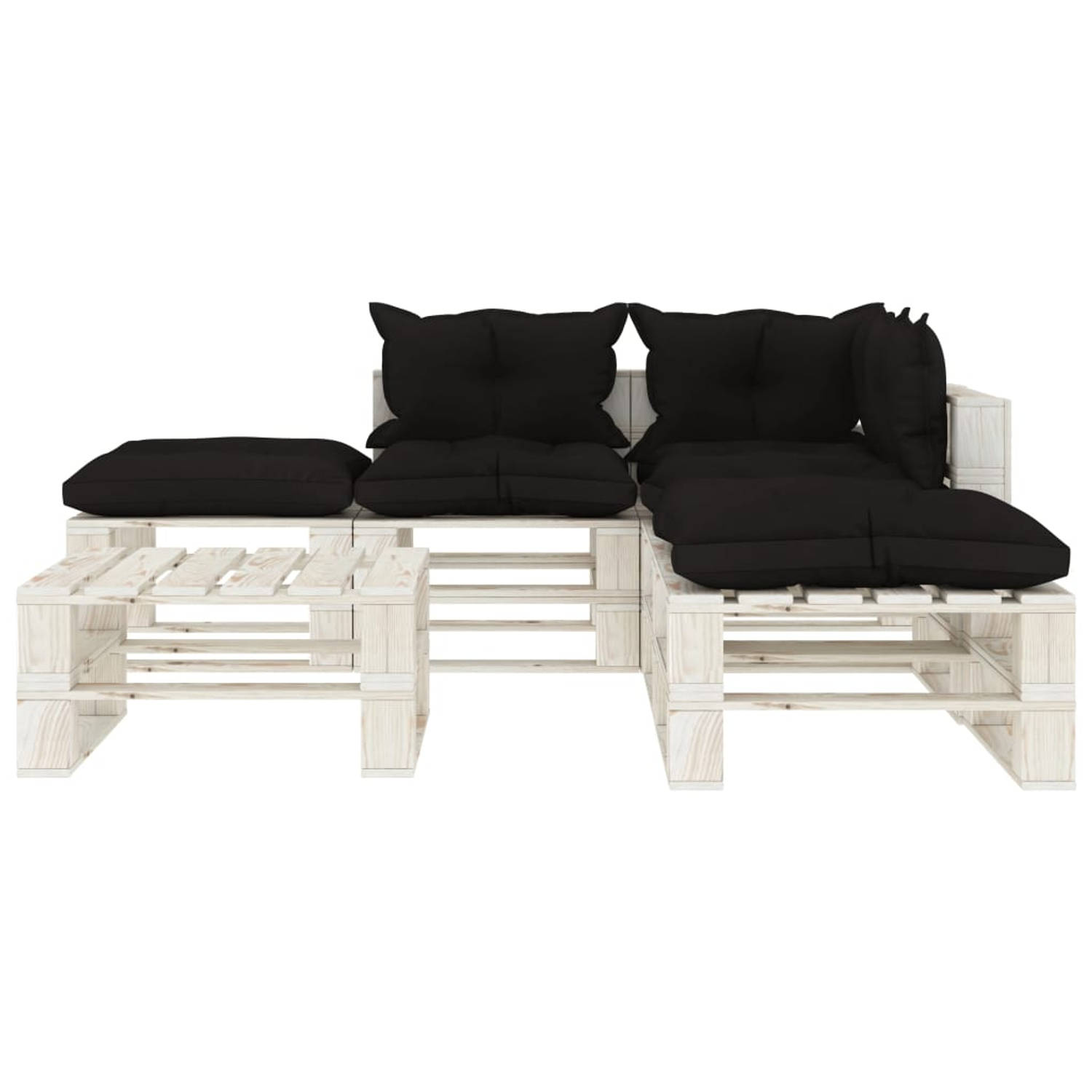 The Living Store Loungeset - Pallet - Hoekbank - middenbank - tafel/hocker - 70x67.5x60.8 cm - zwart en wit