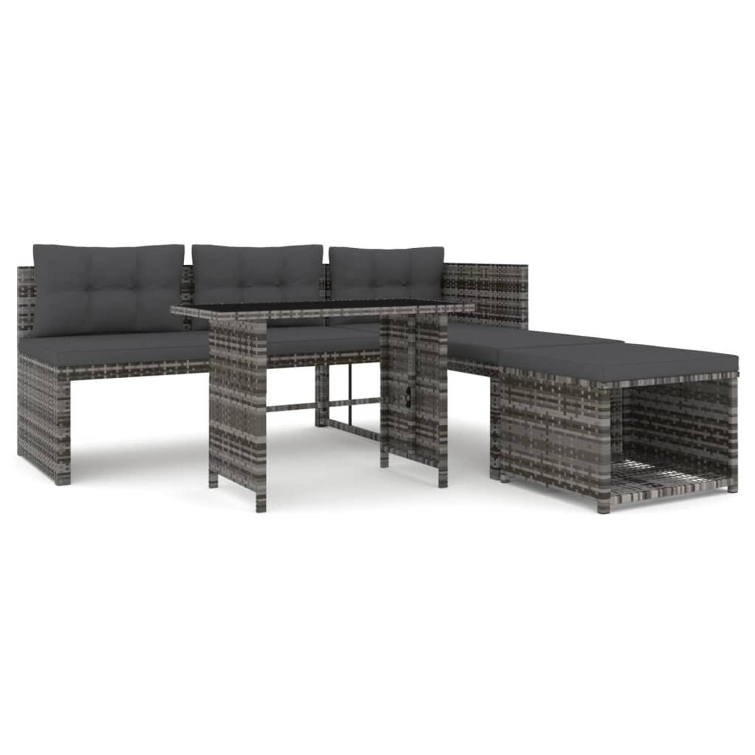 The Living Store Tuinmeubelset - Grijs - PE-rattan en gepoedercoat staal - 2-zitsbank - hoekbank - eettafel - voetenbank - Afm - 125 x 60 x 65 cm - Incl - kussens