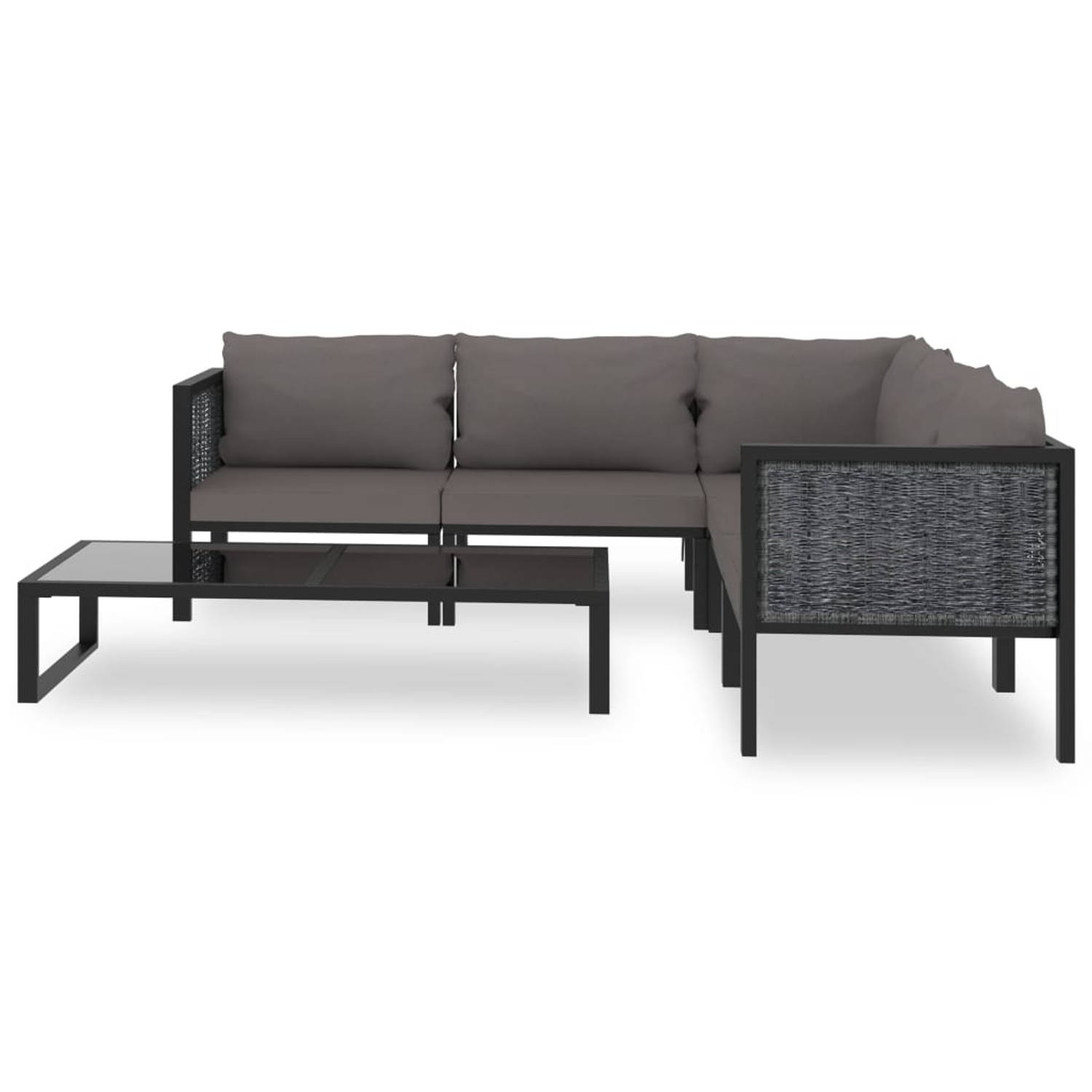 The Living Store Lounge set poly rattan - antraciet/zwart - 200x200x64 cm - incl - 3 hoekbanken - 2 middenbanken - 1 tafel - 5 zitkussens - 5 grote rugkussens - 1 klein rugkussen