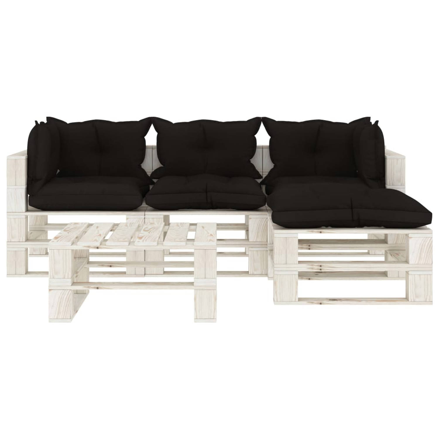 The Living Store Pallet Loungeset - Hoogwaardig grenenhout - Zwart en wit - Set van 2 hoekbanken - 1 middenbank - 2 tafels/hockers - 4 zitkussens - 5 rugkussens