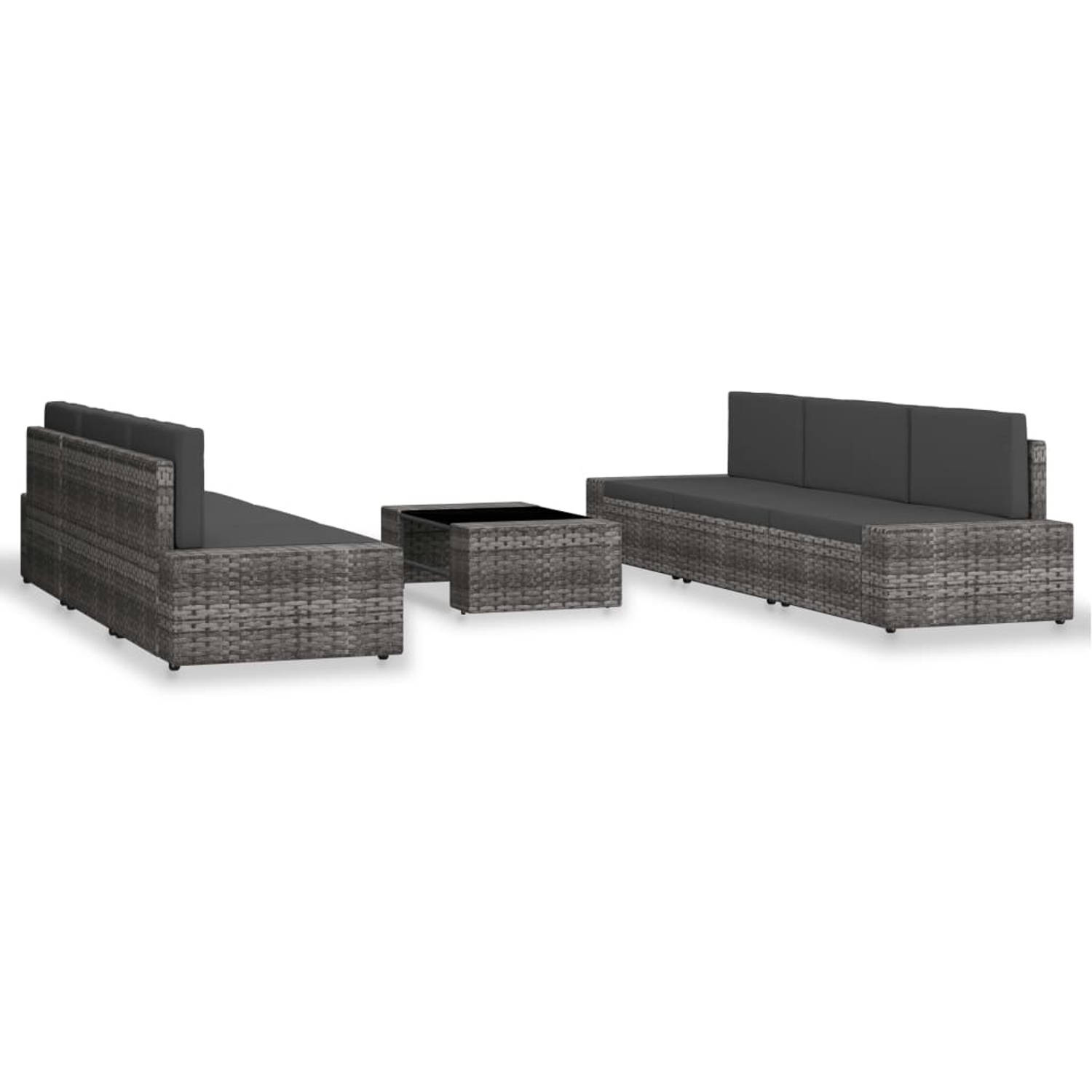 The Living Store Loungeset Poly Rattan - Grijs/Antraciet - 8-delig