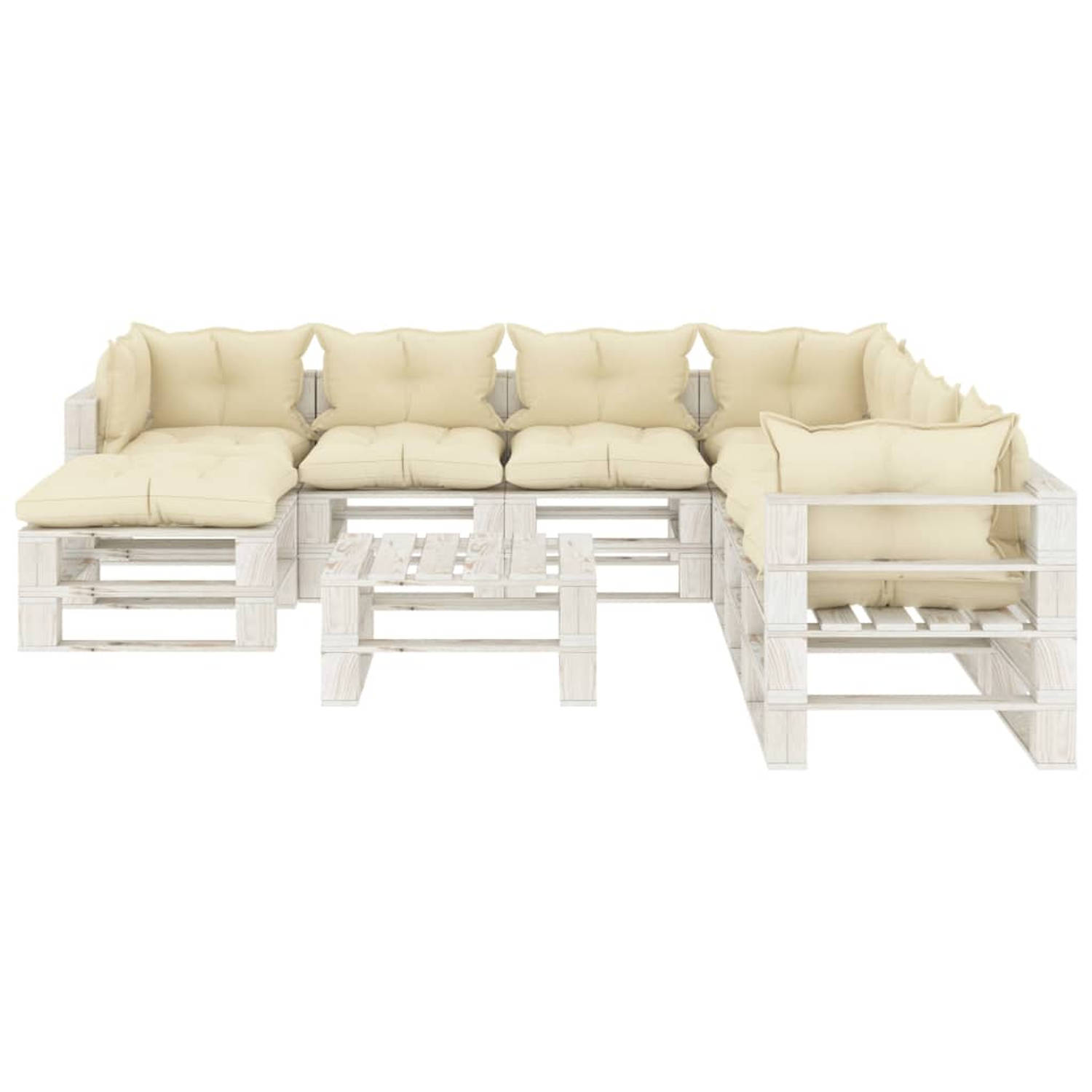 The Living Store Loungeset Pallet - Grenenhout - Crème/Wit - 70x67.5x60.8 cm - Inclusief Kussens