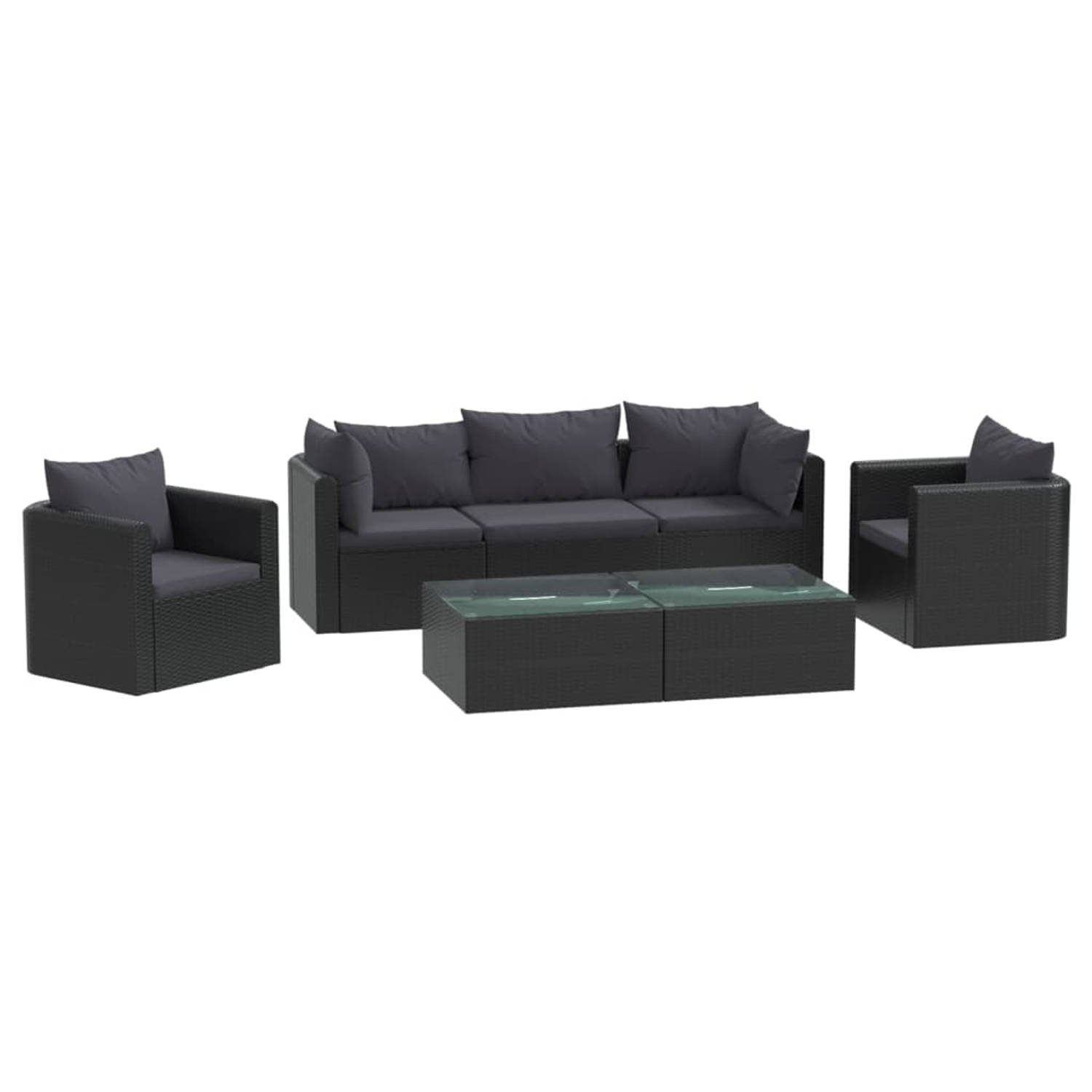 The Living Store Lounge tuinbankset 7-delig zwart poly rattan - PE-rattan - stalen frame - modulair