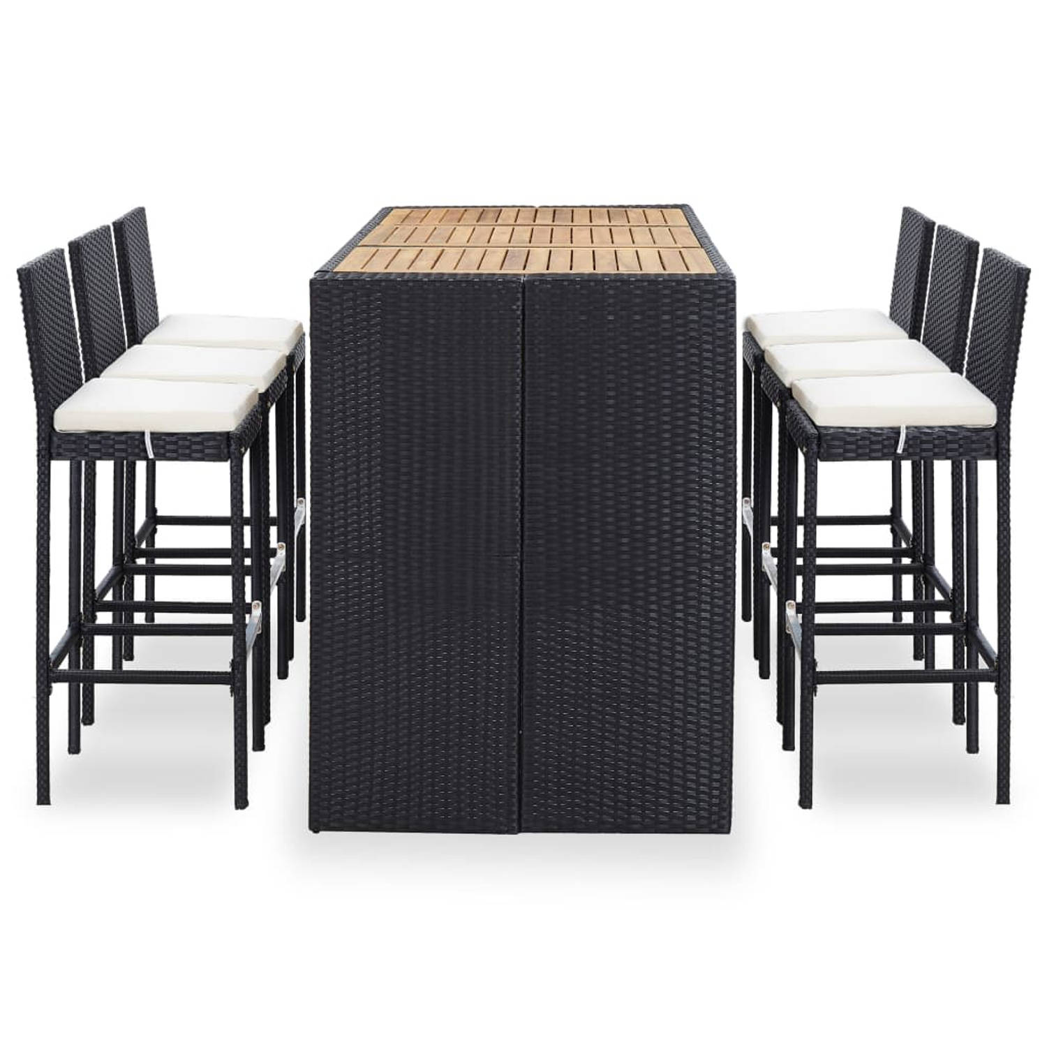 The Living Store Poly Rattan Barmeubelset - Zwarte Rattan - 185 x 80 x 110 cm - Met Acaciahouten Tafelblad - 6 Barkrukken - Inclusief Kussens - Montage vereist