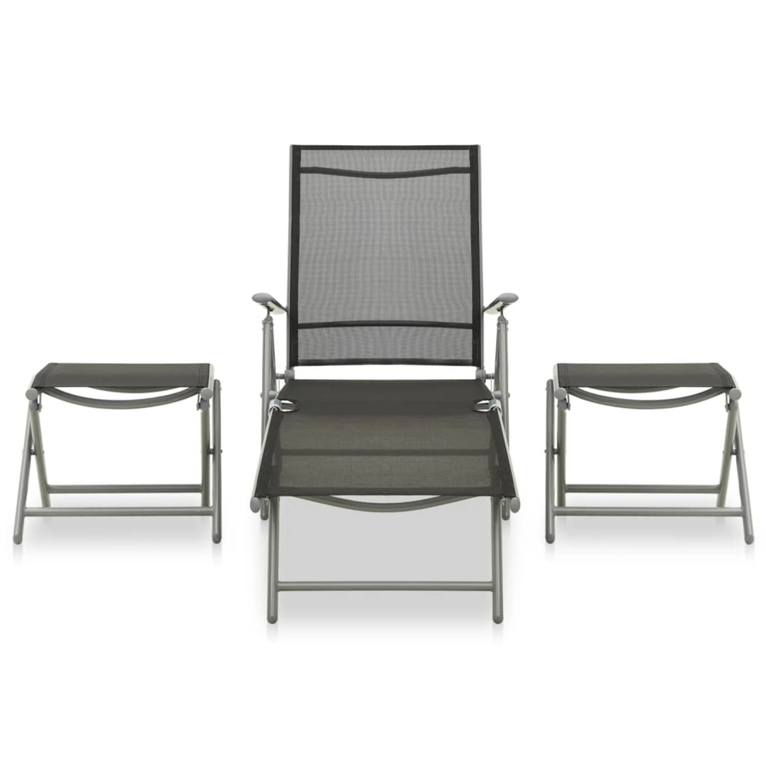 The Living Store Tuinstoel Aluminium/Zwart/Zilver 178x61.5x60cm - Verstelbare rugleuning - comfortabele textileen zitting - Inklapbaar design - Set van 1 stoel - 2 voetensteunen