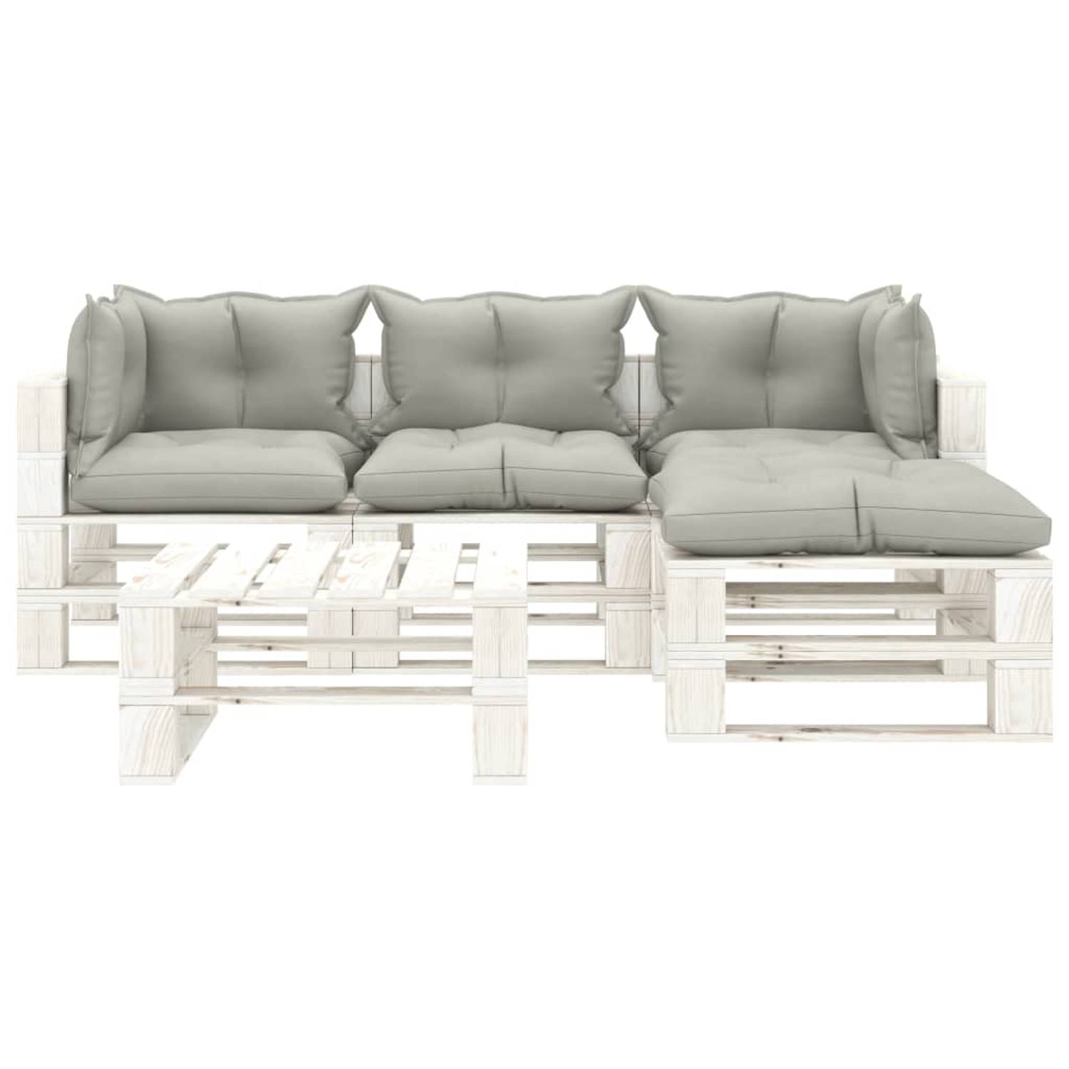 The Living Store Pallet Loungeset - Hoogwaardig Grenenhout - Taupe en wit - Hoekbank 70 x 67.5 x 60.8 cm - Middenbank 60 x 67.5 x 60.8 cm - Pallet tafel/hocker 60 x 61.5 x 30.4 cm