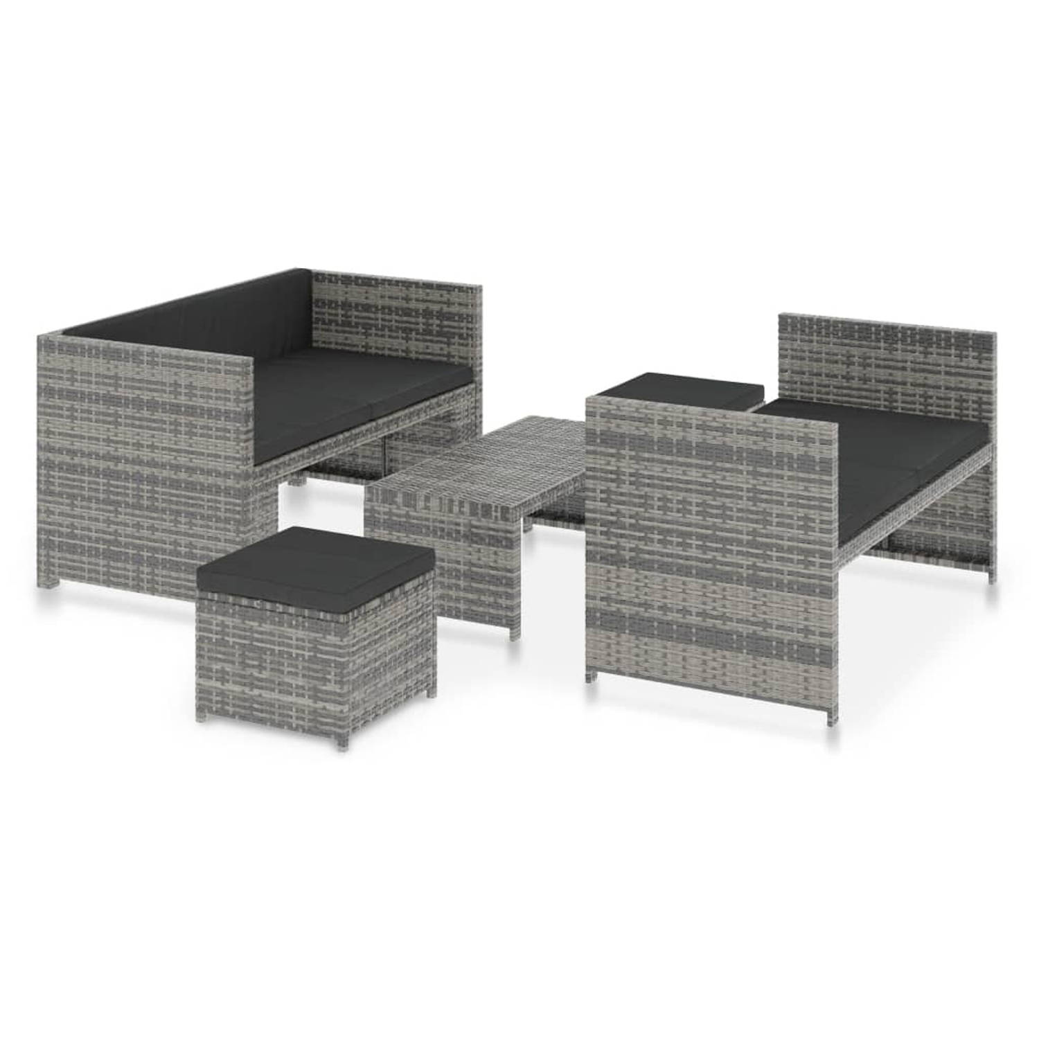 The Living Store Loungeset - Grijs Poly Rattan - Stalen frame - 5-delig - 130x70x70 cm - 130.5x65x70.5 cm - 41.5x41.5x31 cm - 95.5x45x35 cm