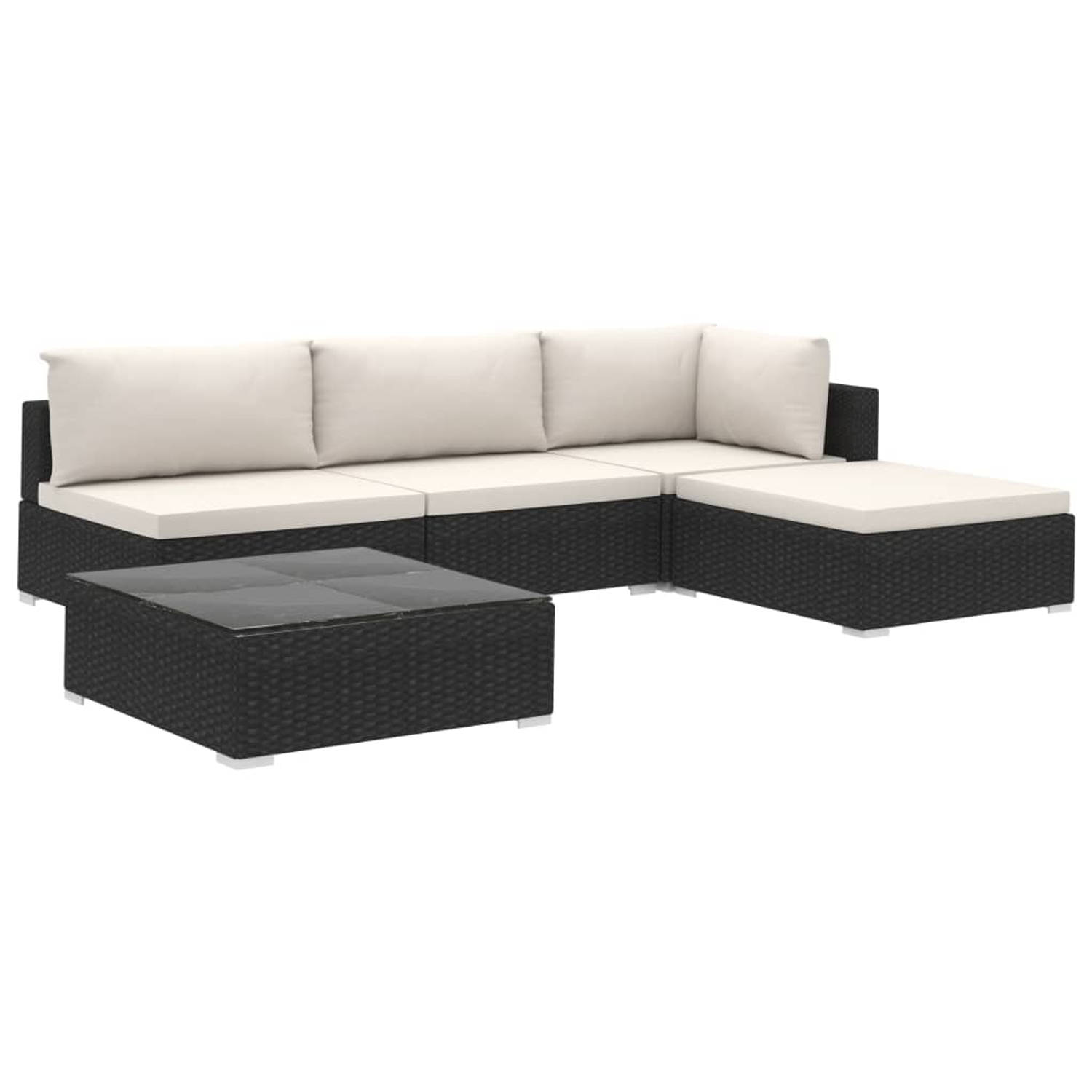 The Living Store Rattan Loungeset - Zwarte PE-rattan - 6 cm Dikke Kussens - Modulair - 5-delig