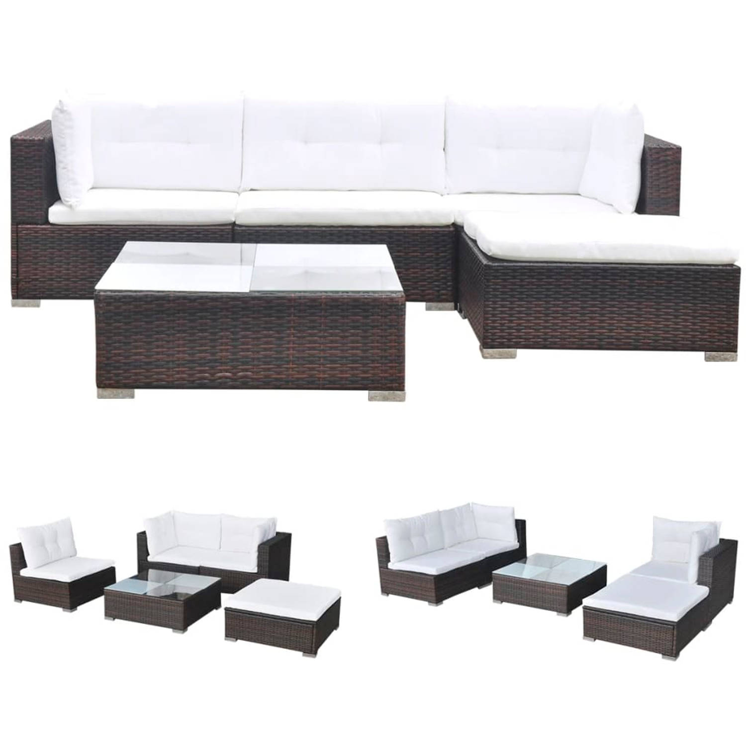 The Living Store-5-delige-Loungeset-met-kussens-poly-rattan-bruin - Tuinset