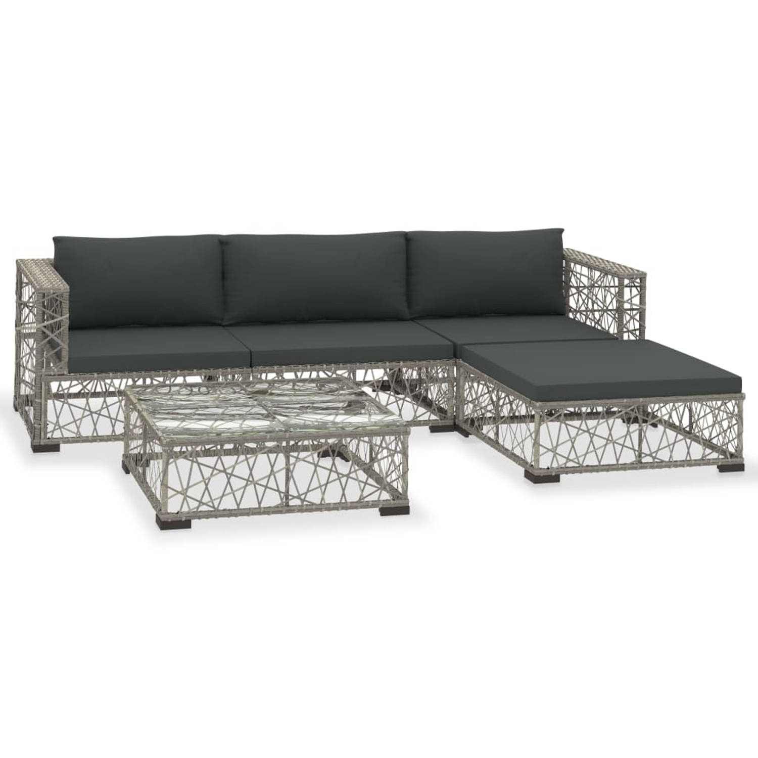 The Living Store 5-delige Loungeset met kussens poly rattan grijs - Tuinset