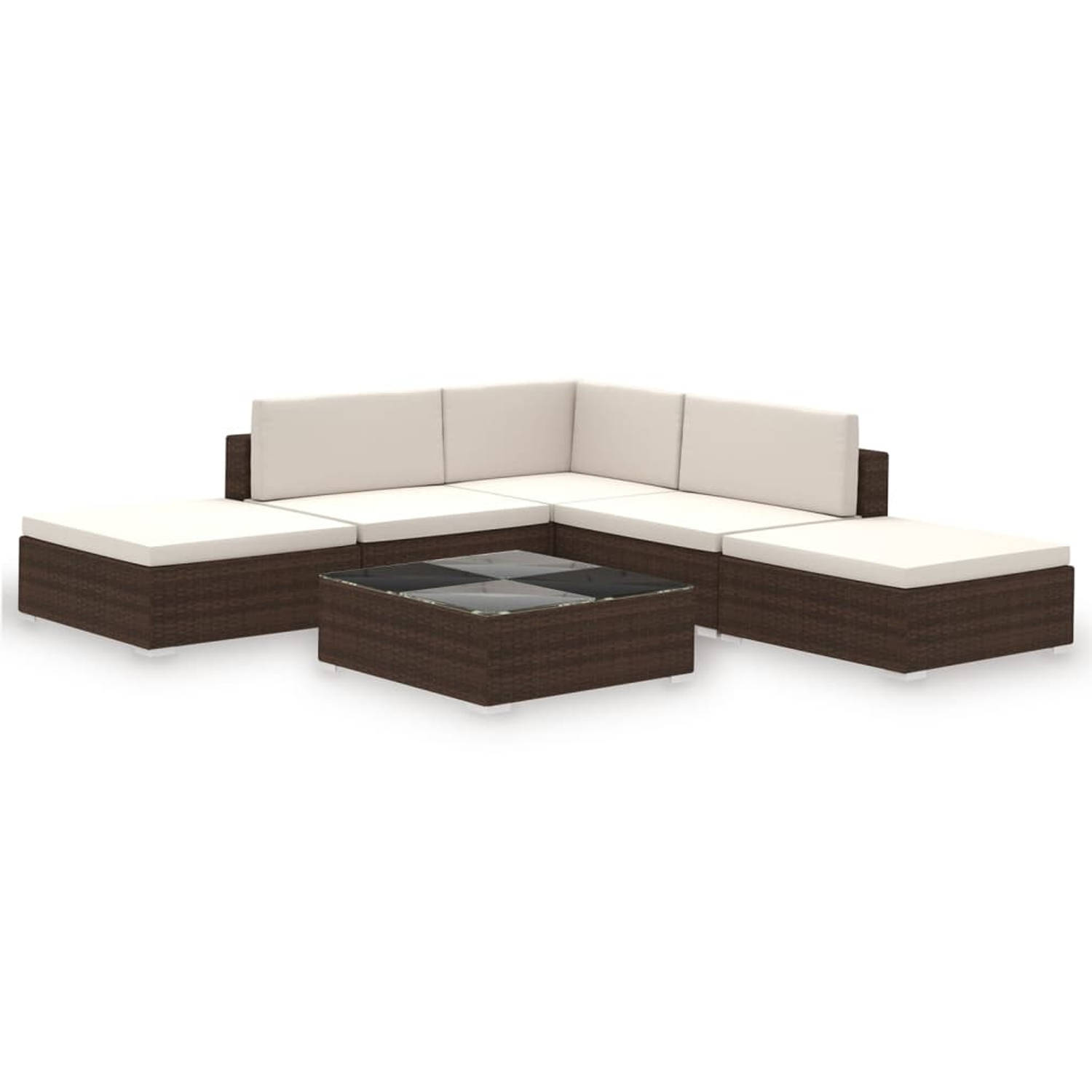 The Living Store-6-delige-Loungeset-met-kussens-poly-rattan-bruin - Tuinset