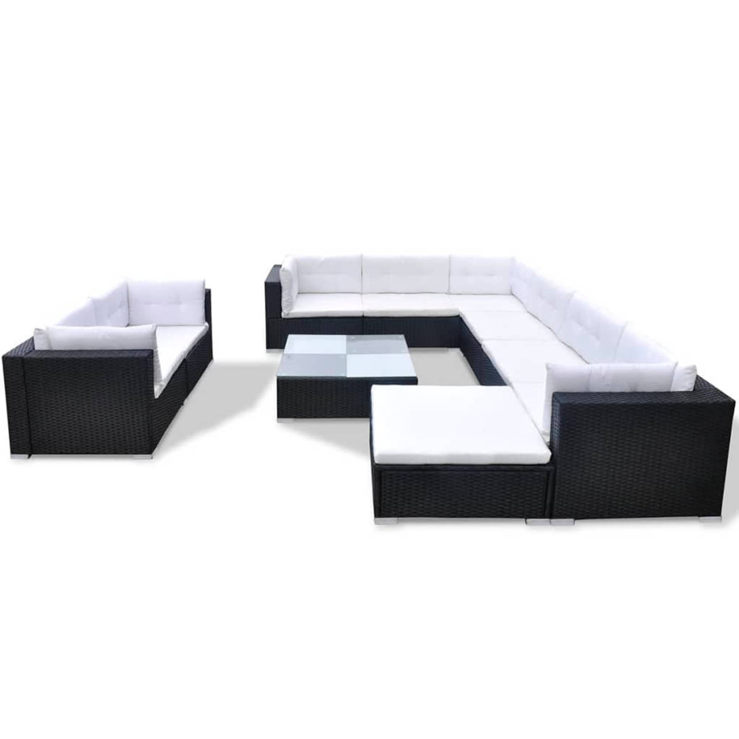 The Living Store-10-delige-Loungeset-met-kussens-poly-rattan-zwart - Tuinset