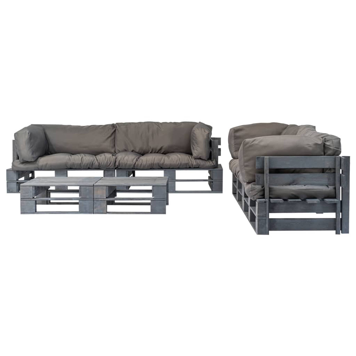 The Living Store 6-delige Loungeset pallet met grijze kussens hout - Tuinset