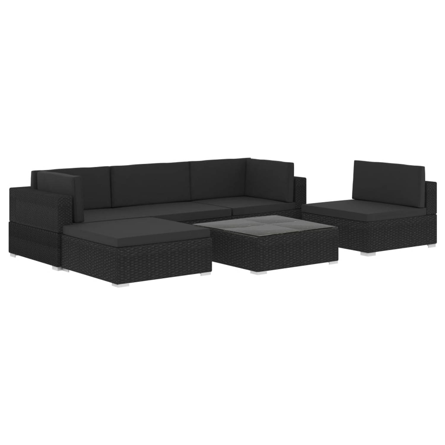 The Living Store 6-delige Loungeset met kussens poly rattan zwart - Tuinset