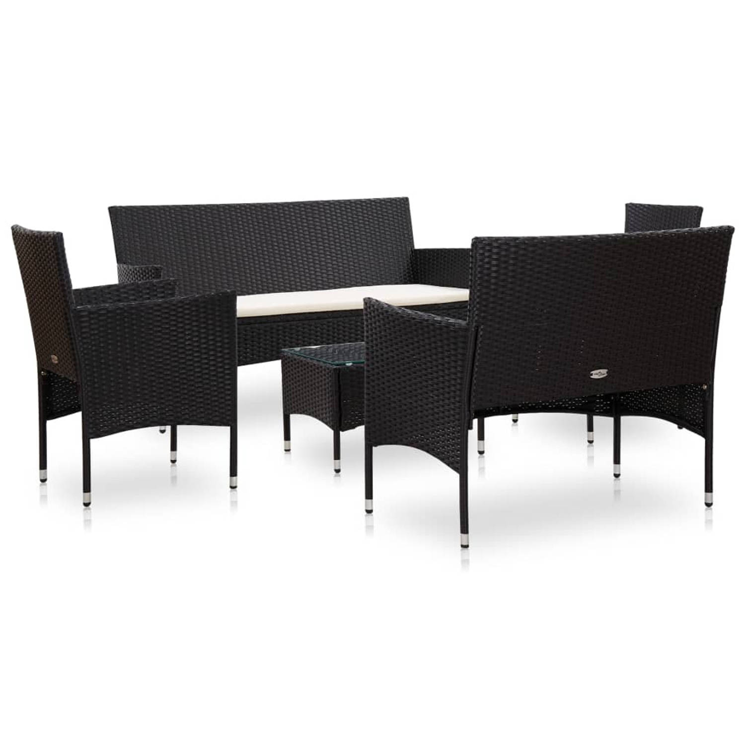 The Living Store Rattan Tuinmeubelset - Zwart - Crèmewit - 3-zitsbank- 150x58x81cm - 2-zitsbank- 101x58x81cm - Armstoel- 55x58x81cm - Salontafel- 60x40x36cm