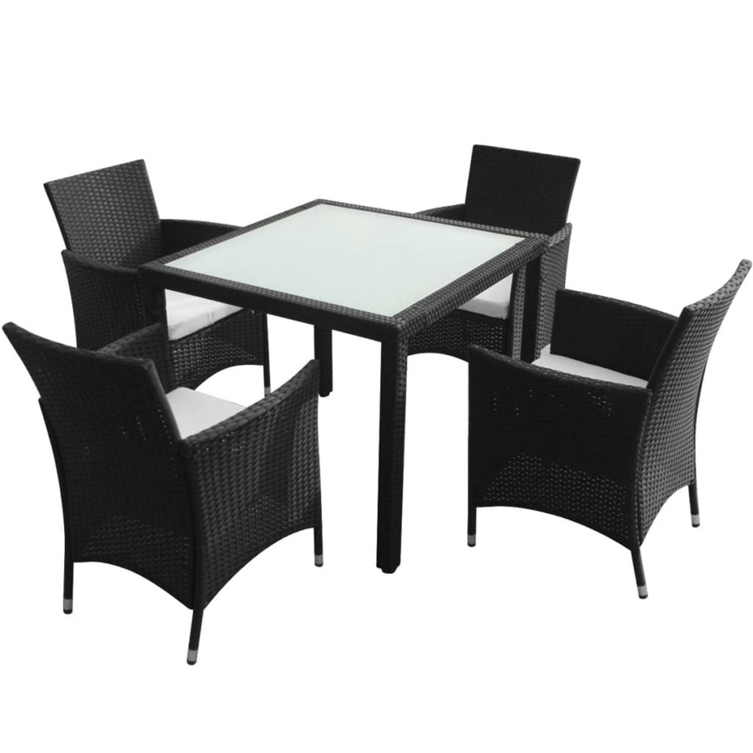 The Living Store Rattan Garden Furniture Set - 1 Table - 4 Chairs - Black - Steel Frame - Aluminum Legs - Table- 90x90x75cm - Chair- 58x61x88cm