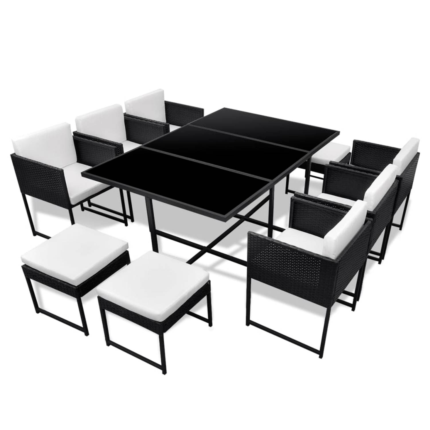 The Living Store Eethoek Rattan - 165x109x72 cm - Inclusief 1 tafel - 6 stoelen - 4 krukjes - Zwart - 10 zitkussens - 6 rugkussens
