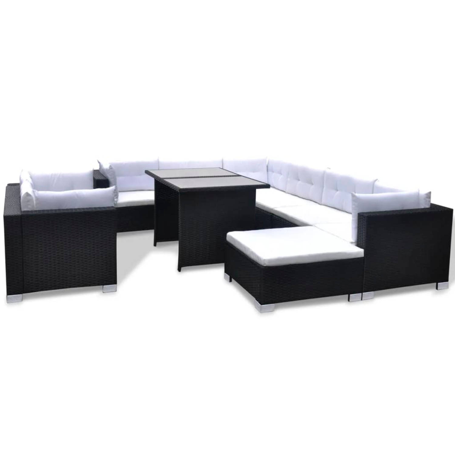 The Living Store-10-delige-Loungeset-met-kussens-poly-rattan-zwart - Tuinset