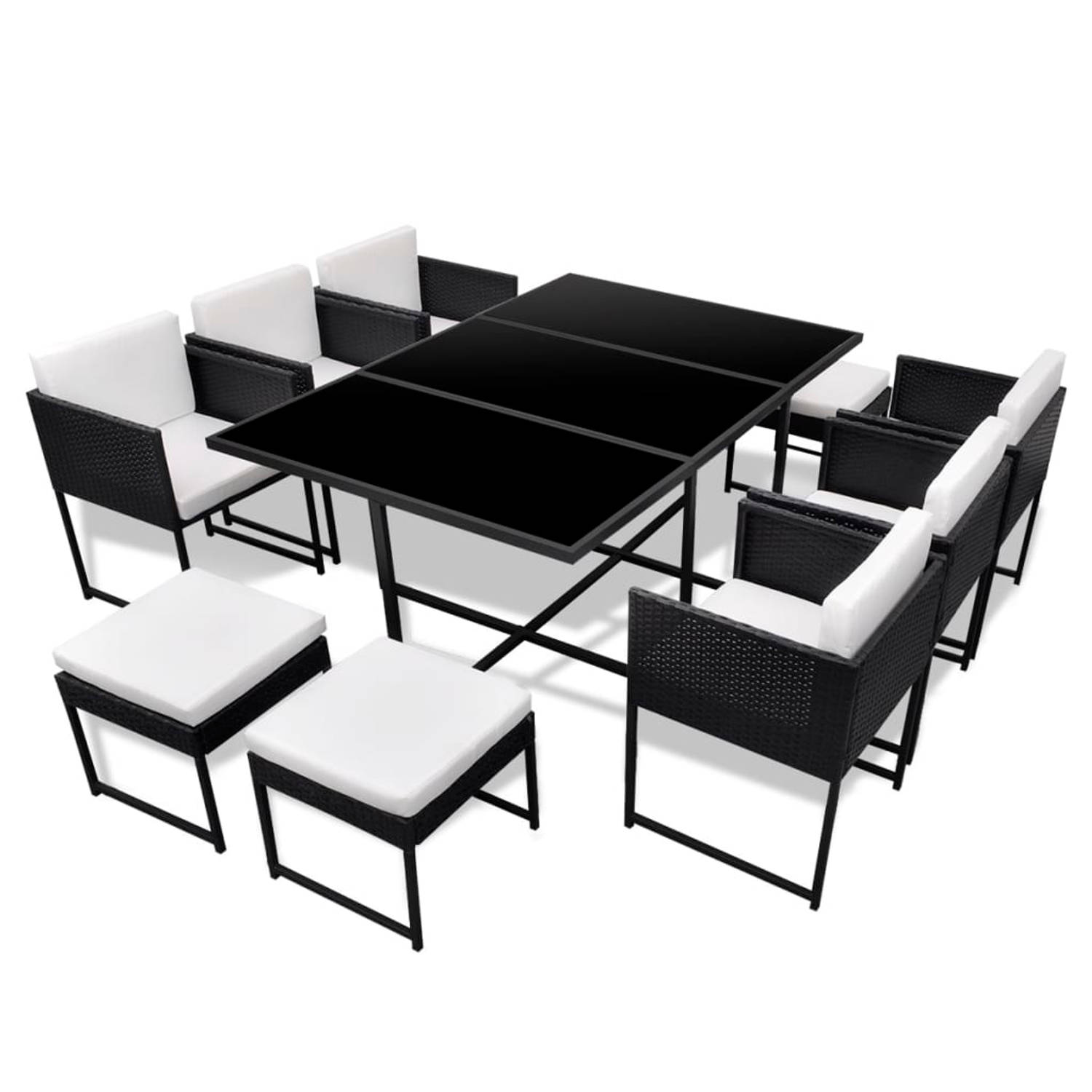 The Living Store Rattan Tuinset - Inclusief tafel - 6 stoelen - 4 krukken - Zwart - Gehard glas - Polyester kussens - 165x109x72 cm