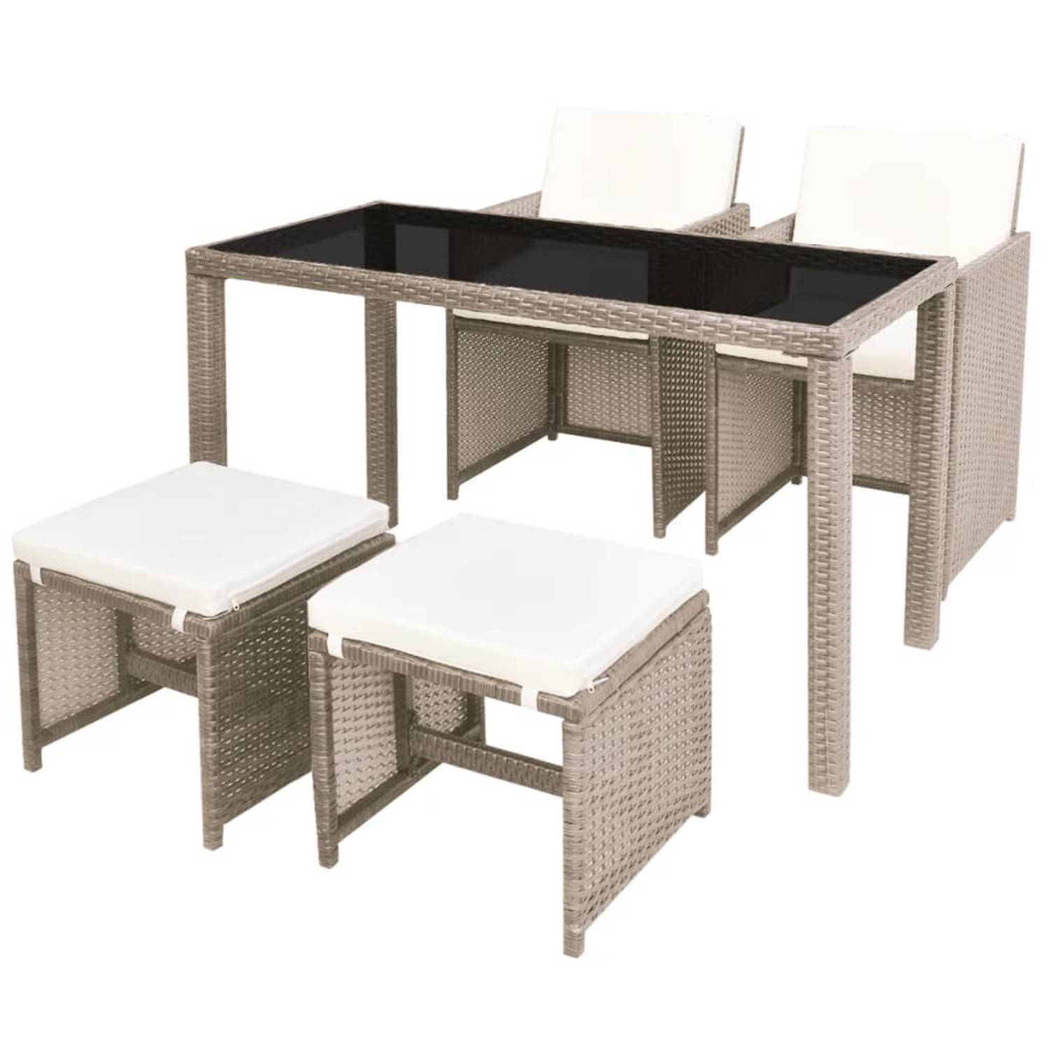 The Living Store-5-delige-Tuinset-met-kussens-poly-rattan-beige - Tuinset