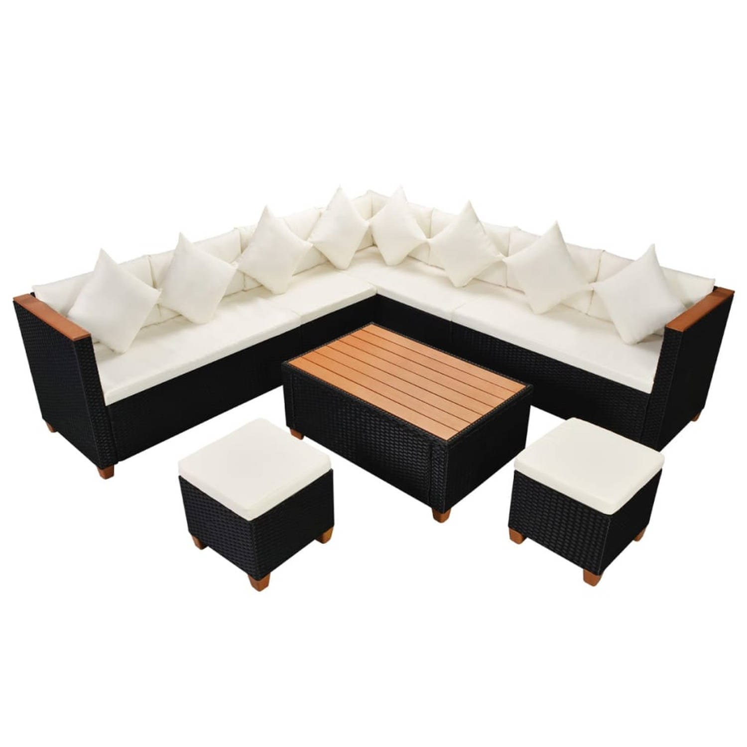 The Living Store Rattan Loungeset - Zwart - Complete Tuinmeubelset - Hoekbank - Salontafel - Hockers - 8 Kussens - 6 Afmetingen