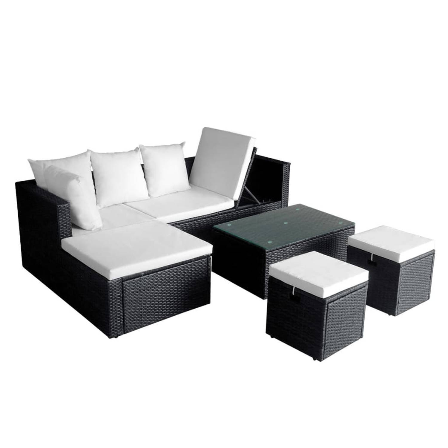 The Living Store-4-delige-Loungeset-met-kussens-poly-rattan-zwart - Tuinset