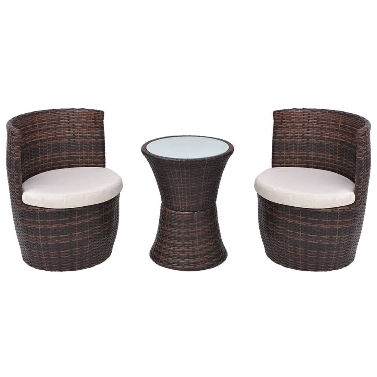 The Living Store Rattan Terrasmeubelset - Staal - PE Rattan - Bruin - 49.5 x 52 x 69 cm - Matglazen Tafelblad