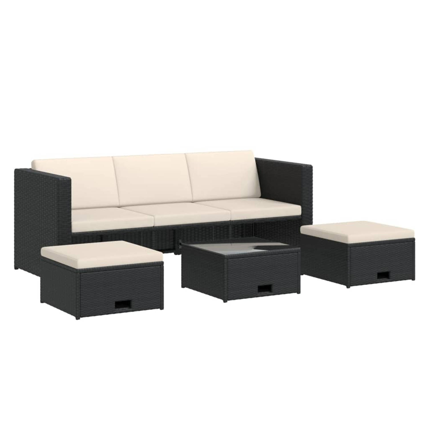 The Living Store Loungeset Zwart PE Rattan - 190x75x65 cm - Inclusief Tafel en Hockers - 8 Kussens