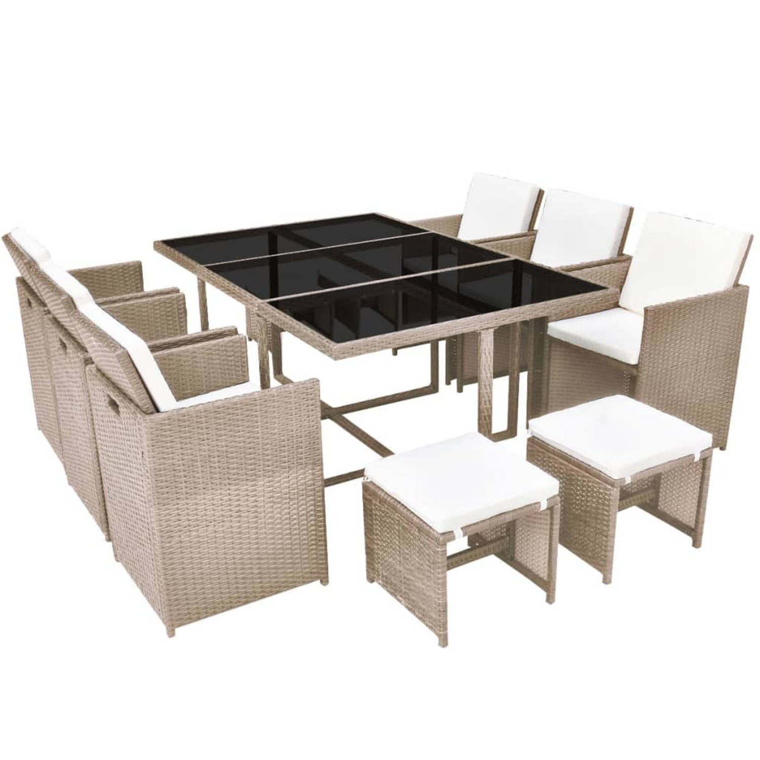 The Living Store-11-delige-Tuinset-met-kussens-poly-rattan-beige - Tuinset