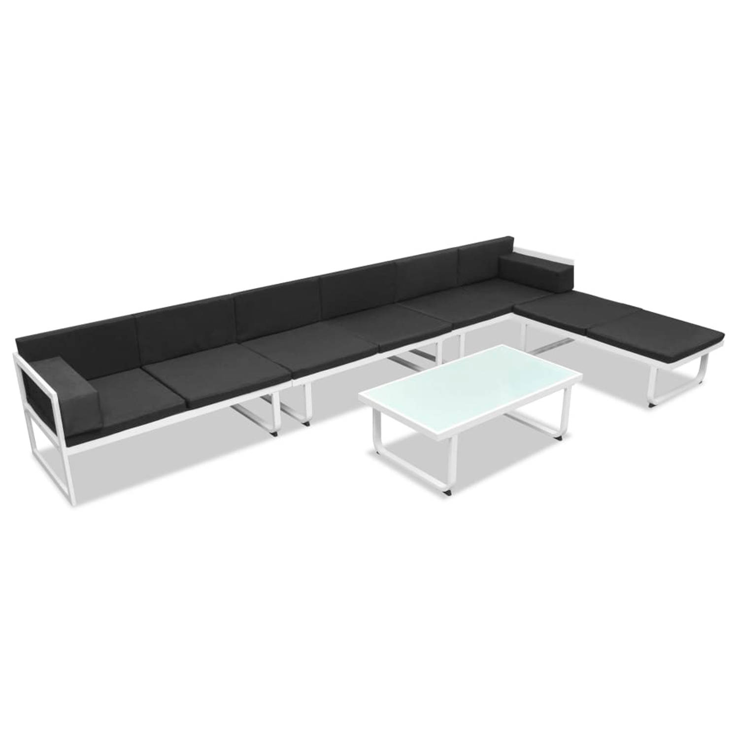 The Living Store Loungeset - Aluminium - Zwarte en witte zittingen - Inclusief salontafel en kussens - 379 x 193 x 60 cm