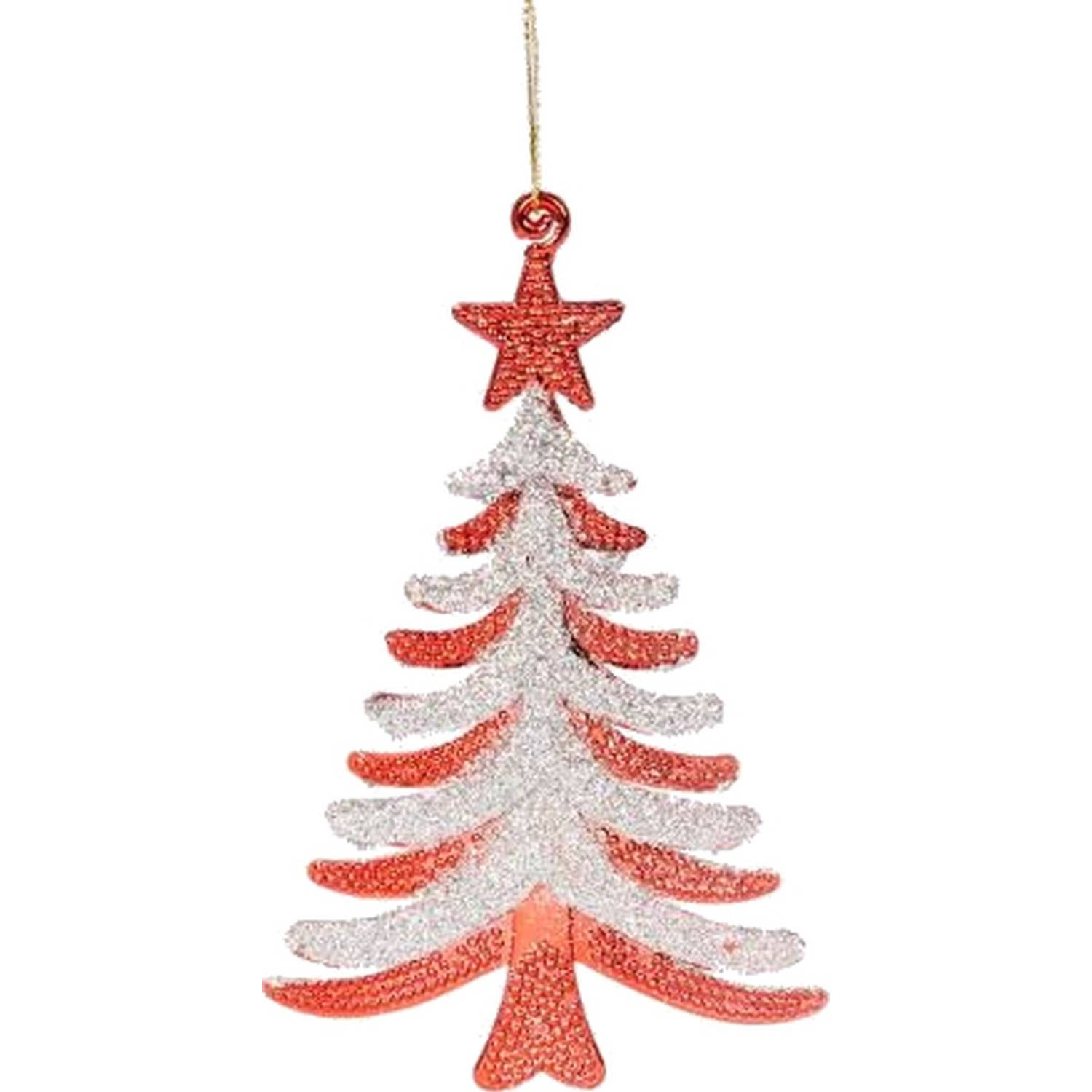 Decoratieve hanger met glitter Kerstboom 13 x 13 cm Rood