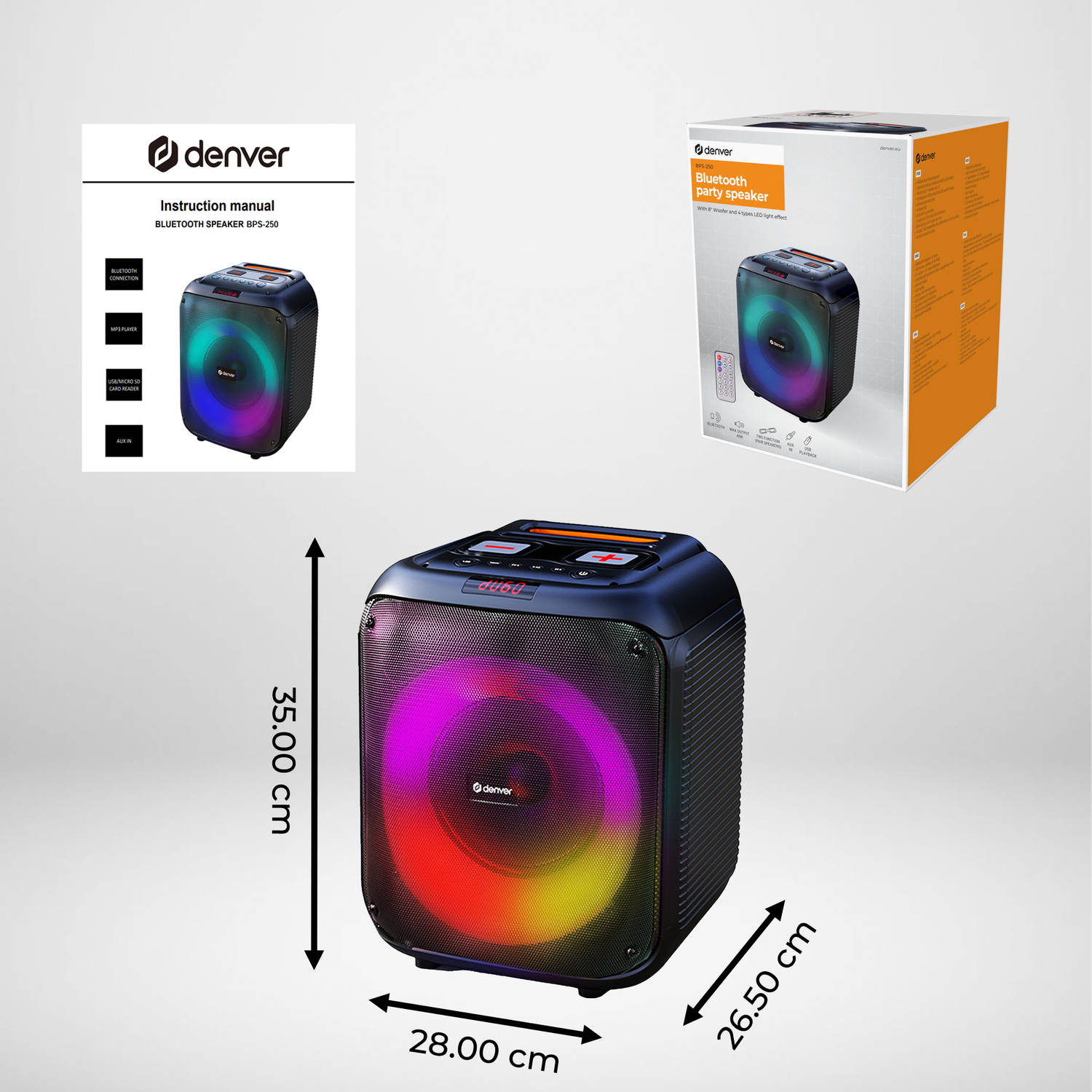 Denver Bluetooth Speaker Party Box - Discolichten - Incl. Afstandsbediening  - Microfoon Aansluiting - BPS250 - Zwart | Blokker