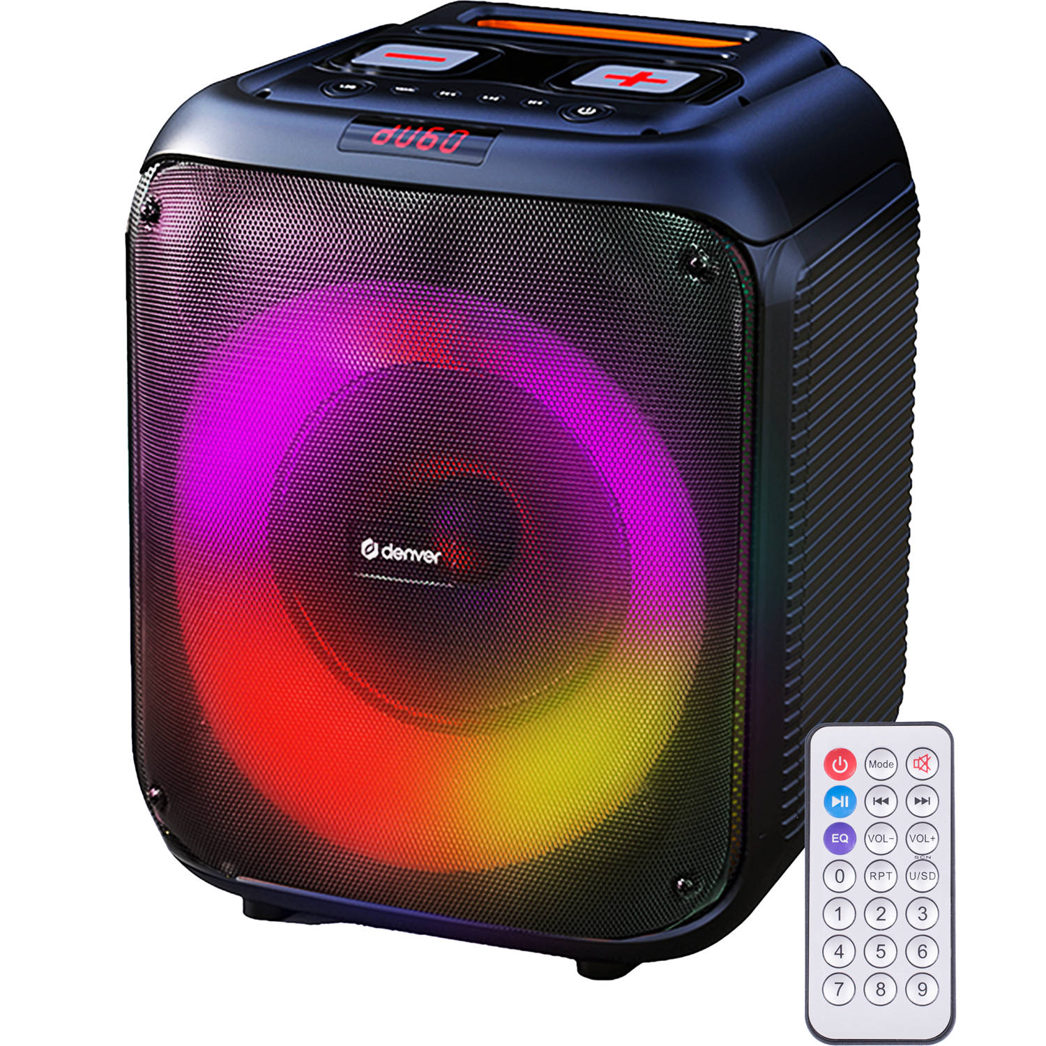 Speaker - - Party Discolichten - Zwart BPS250 Blokker Aansluiting Microfoon | Incl. - Bluetooth Box Afstandsbediening - Denver