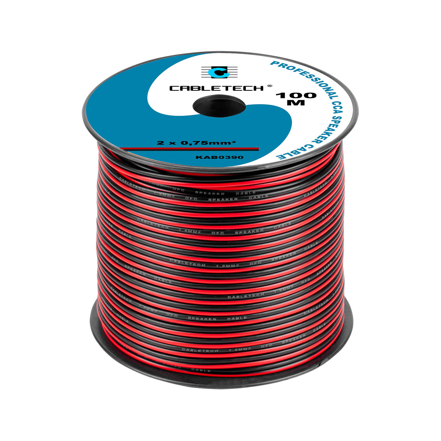 Cabletech speaker kabel luidsprekersnoer CCA rood-zwart 2x 0.75mm Haspel 100m