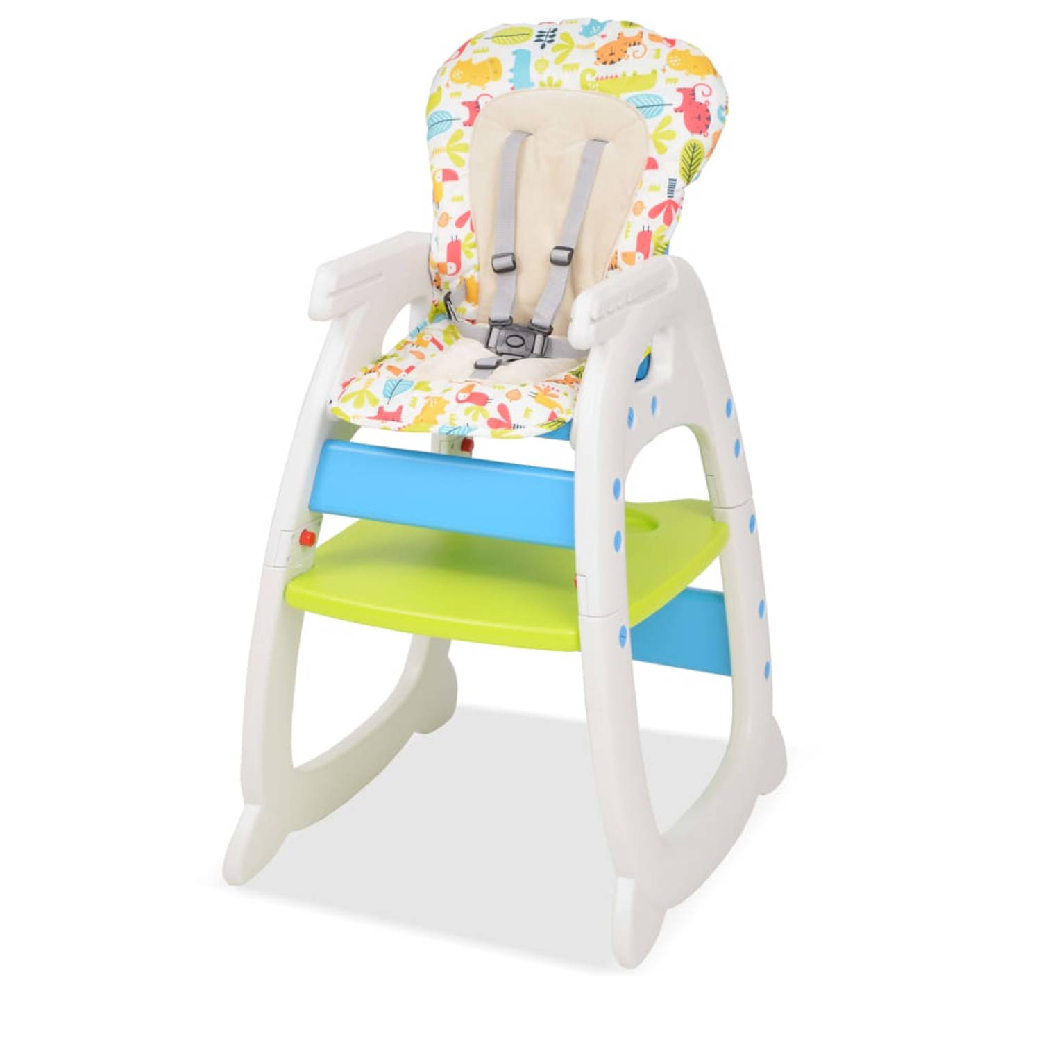 The Living Store Kinderstoel - 3-in-1 verstelbaar - Blad en 5-punts veiligheidsharnas - Comfortabel en interactief - Blauw - Groen - Wit - Kunststof en stoffen kussen - 72x62.5x106