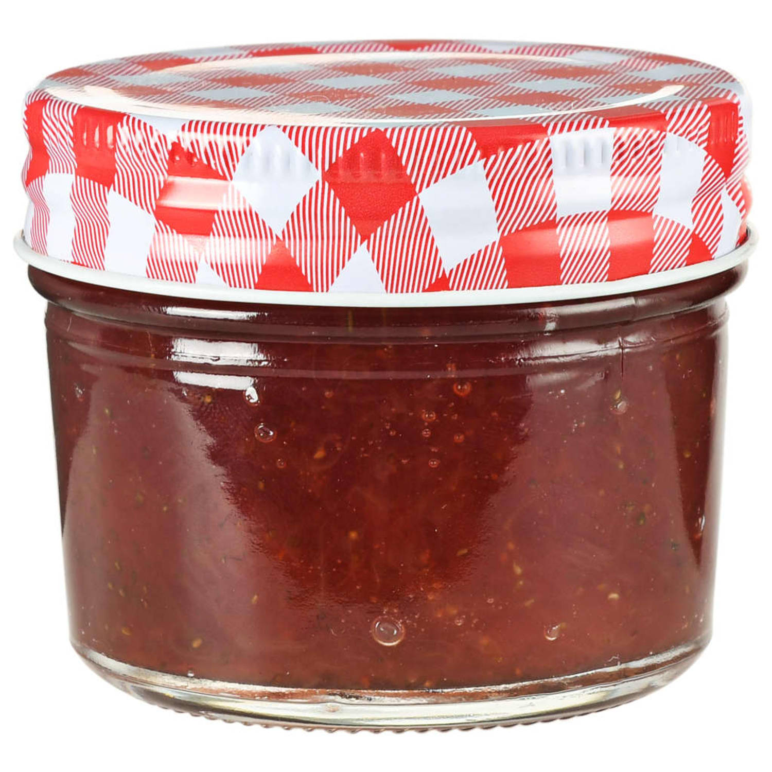 The Living Store Glazen jampotjes - 110 ml - Ideaal voor chutney - jam - augurken - Doorzichtig glas - Brede opening - Rood-witte deksel - 48 stuks