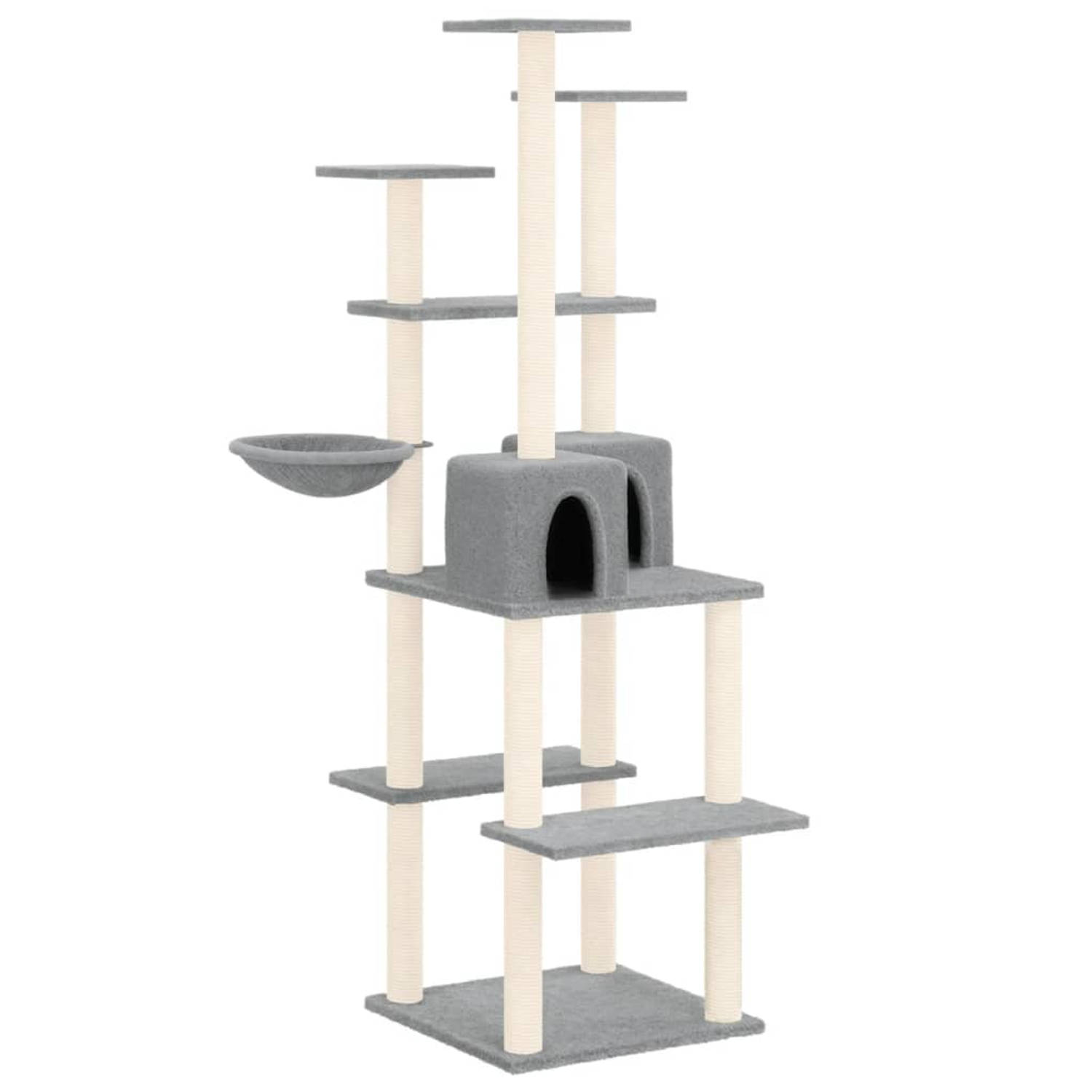 The Living Store Luxe Kattenboom - Krabbestendig - Compact Kattenmeubel - Inclusief Huisjes - Hangmat en Platforms - Lichtgrijs - 72 x 80 x 167 cm