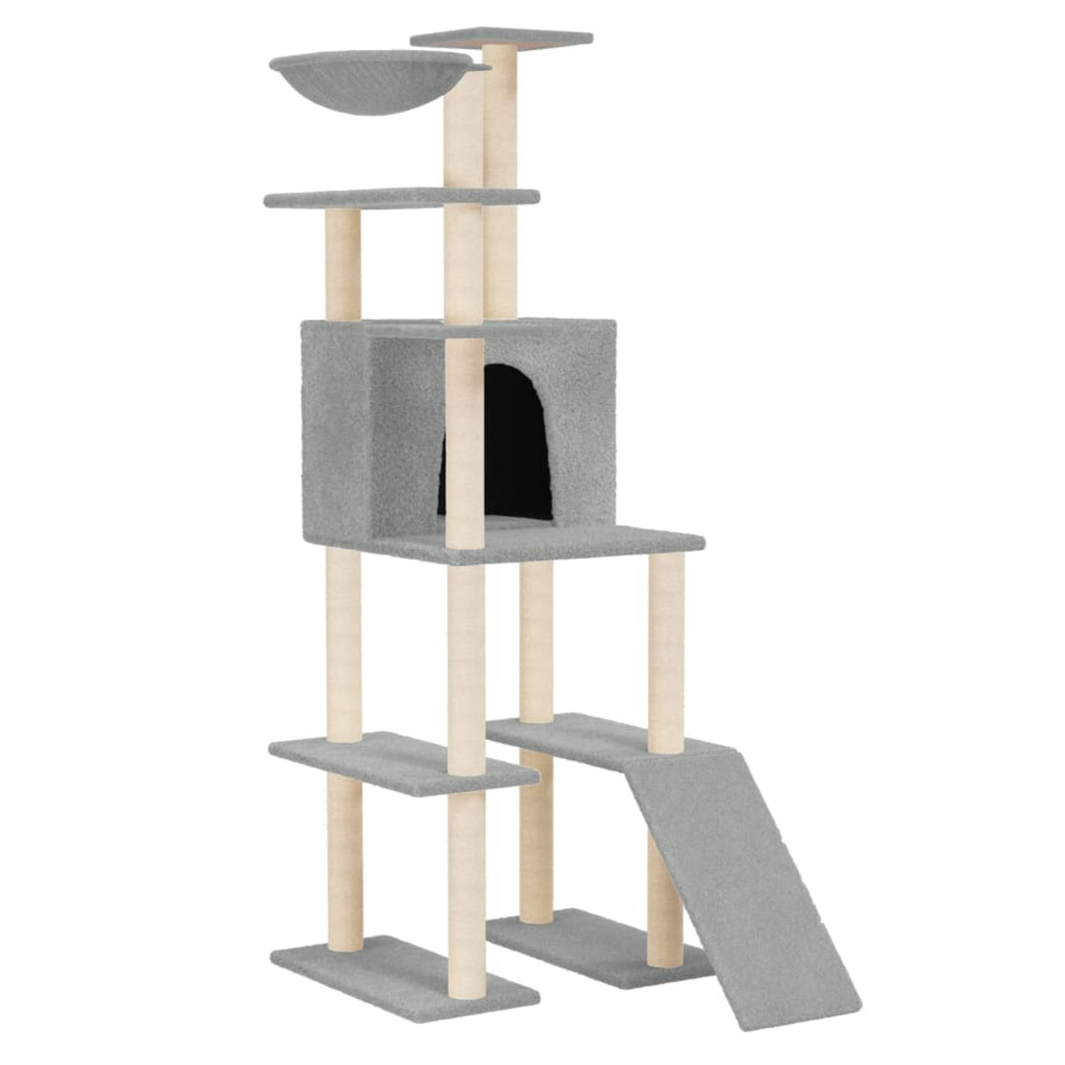 The Living Store Krabpaal - Kattenmeubel - Lichtgrijs - 80x60x166 cm - Met huisje - hangmandje - trapje en platforms - Pluche en sisal materiaal