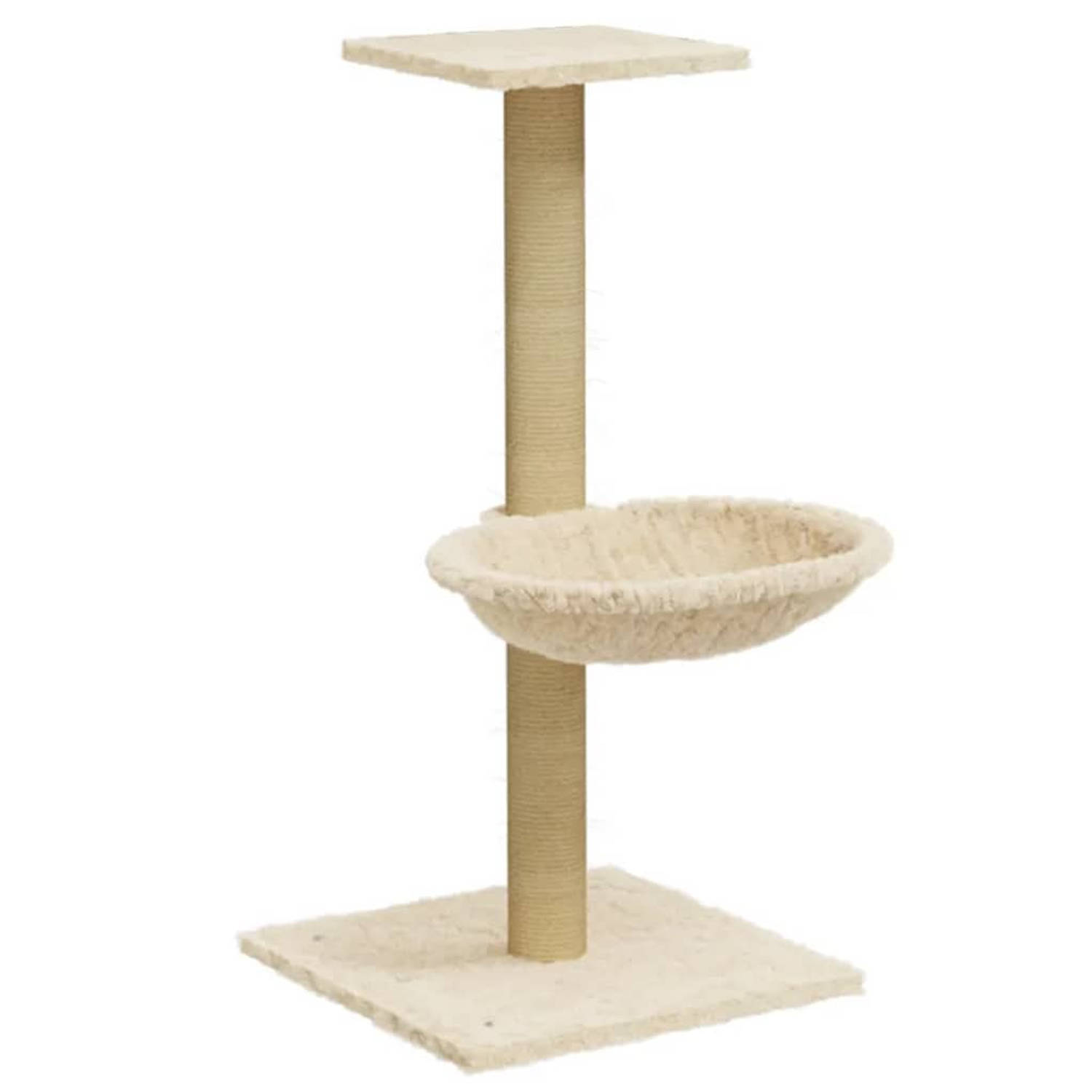 The Living Store Kattenboom - Klimmeubel - 35x35x74 cm - Luxe kat met plateau - hangmat - Comfortabel pluche - duurzaam sisal touw - Inclusief montagehandleiding - Crème hout pluch