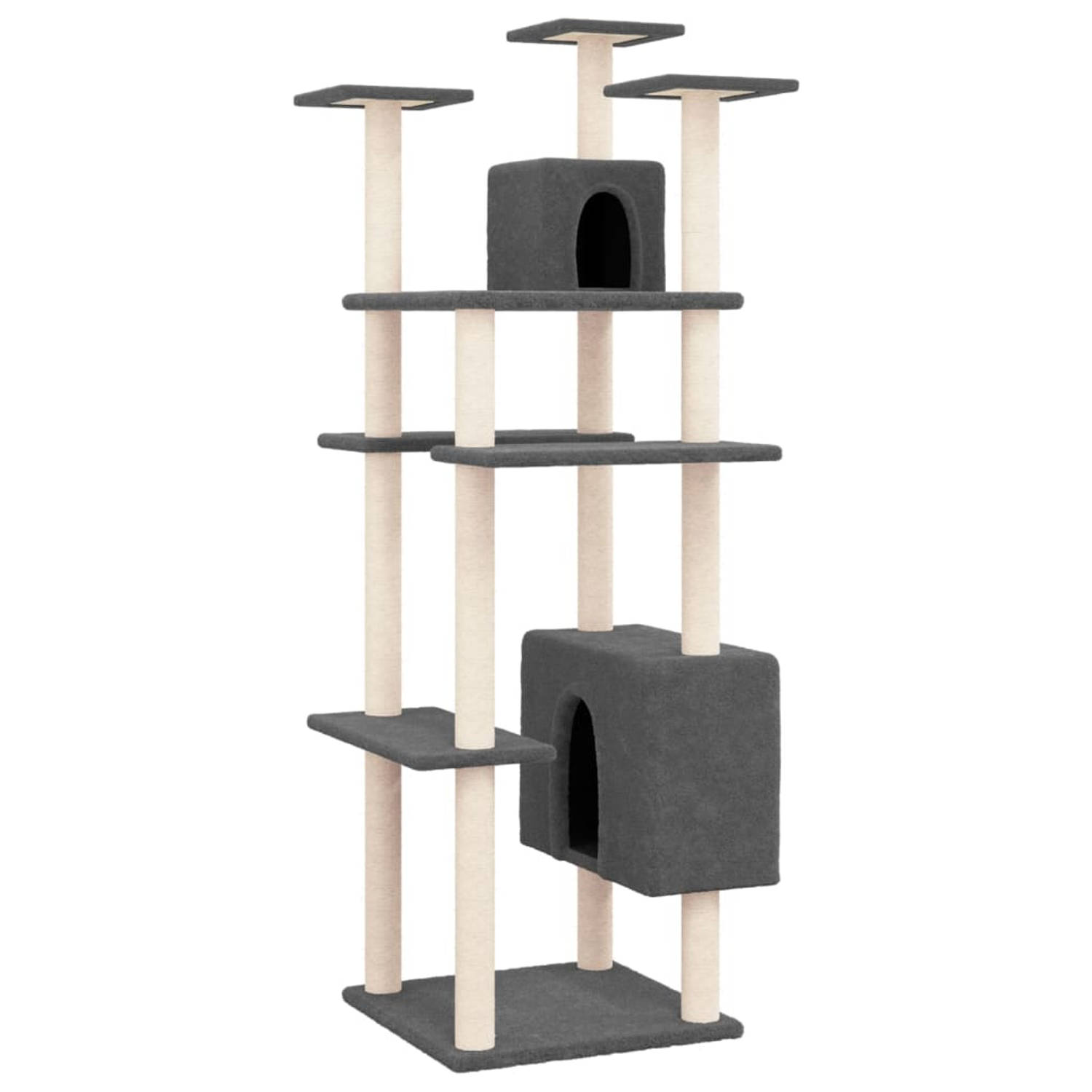 The Living Store Kattenboom - Luxe Kattenmeubel - Meerdere niveaus - Comfortabel Pluche - Duurzaam Sisaltouw - Donkergrijs - 60 x 73 x 162 cm