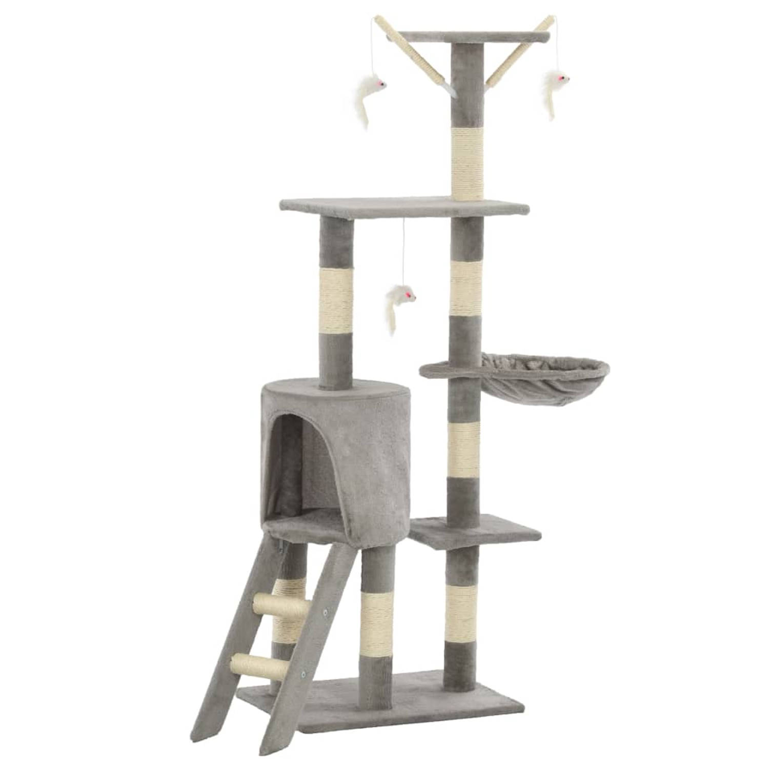 The Living Store Kattenkrabpaal - Grijs - 138 cm - Met muizenspeeltjes - ladder - comfortabel huis - uitkijkplatformen en ontspanningsruimtes