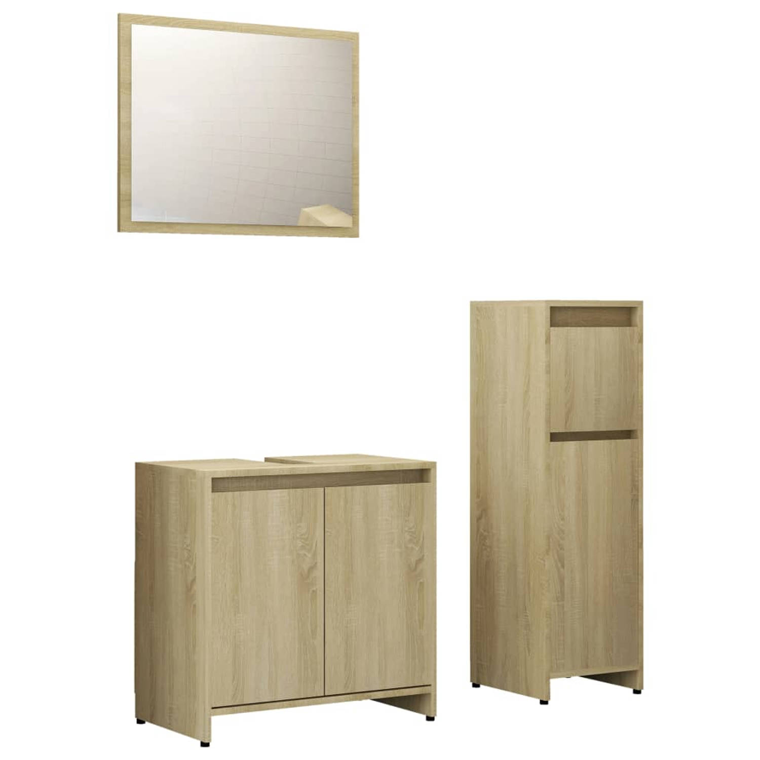The Living Store Badkamerset - Medium kast - wastafelkast en spiegel - Sonoma eiken - Diverse opbergruimte - Hoogwaardig materiaal